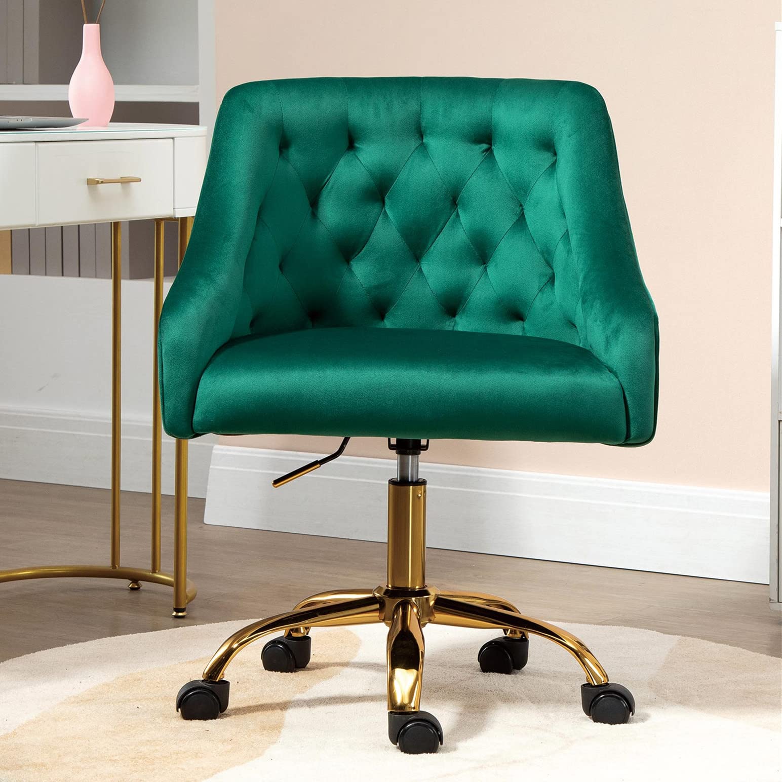 Modern Velvet Swivel Desk Chair with Wheels - Mid-Back Office Computer Chair for Women, Elegant Upholstered Task Chair in Green & Gold (V-Type) - Perfect for Home Office, Study Room, Dormitory & Vanity Area