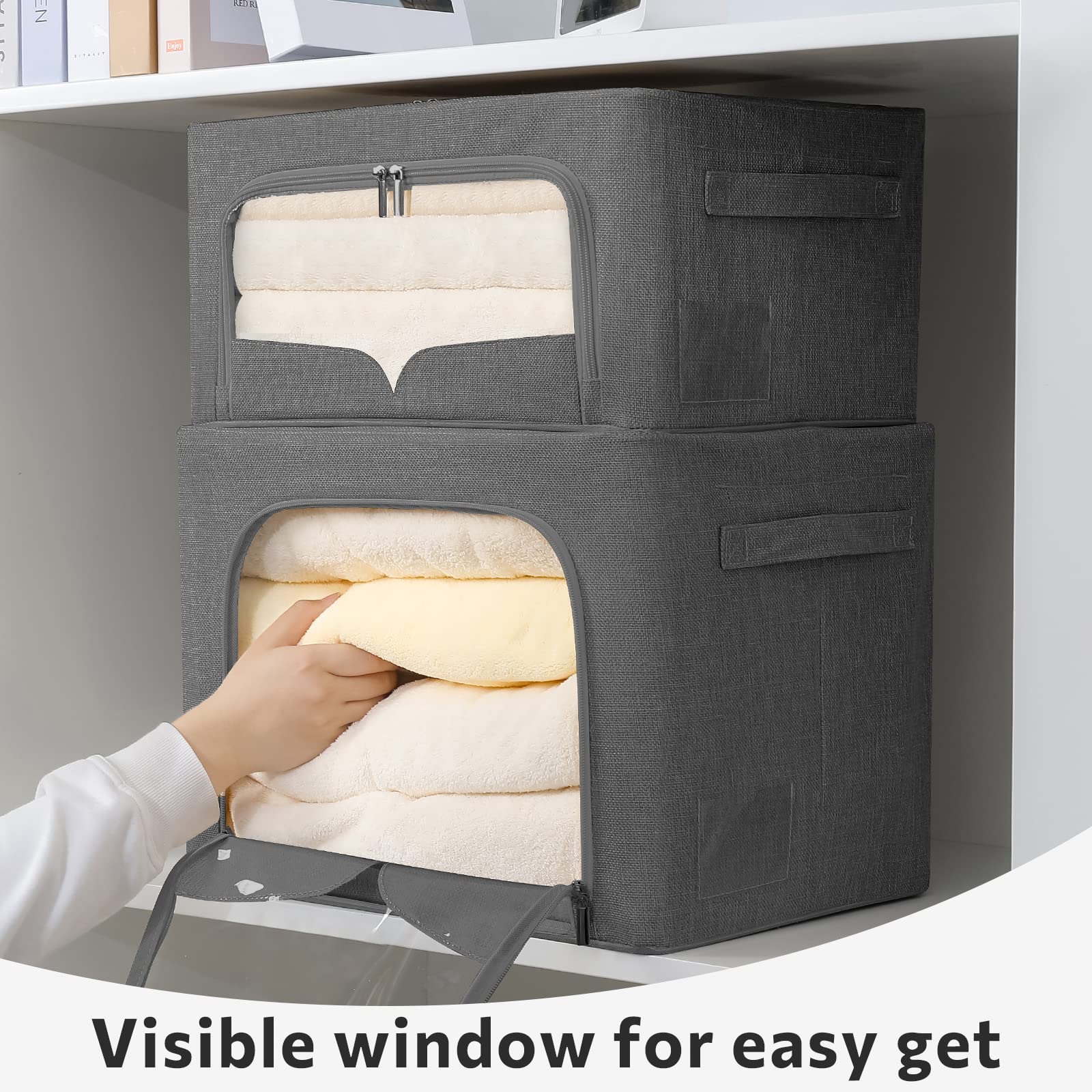3-Pack Foldable Metal Frame Storage Bins with Clear Window & Handles - Stackable Linen Fabric Organizer for Clothes, Toys, Blankets (Dark Gray, 15.7x11.8x11.8 Inches, 36L) - Perfect for Closet, Nursery, Dorm & Home Organization