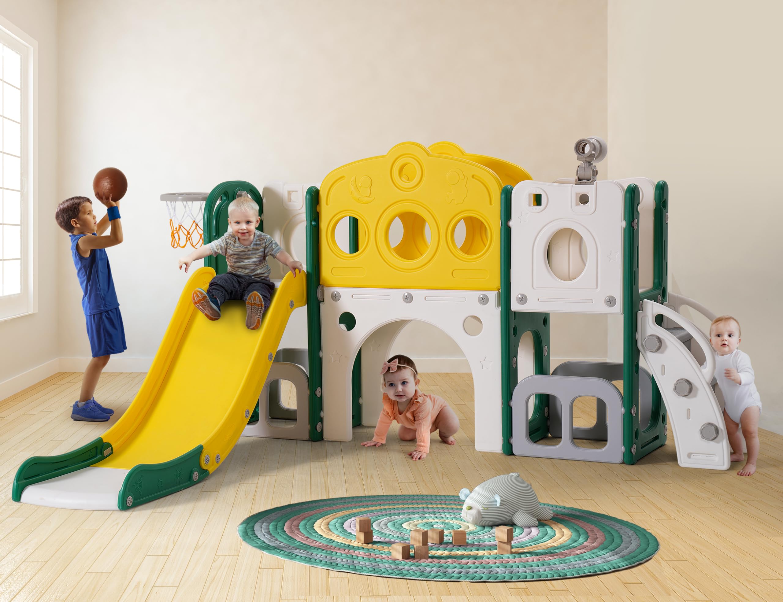 8-in-1 Toddler Slide Playset for Kids Ages 1-3 | Indoor/Outdoor Baby Slide with Basketball Hoop & Telescope | Safe Toddler Playground Equipment for Backyard, Nursery & Daycare (Green)
