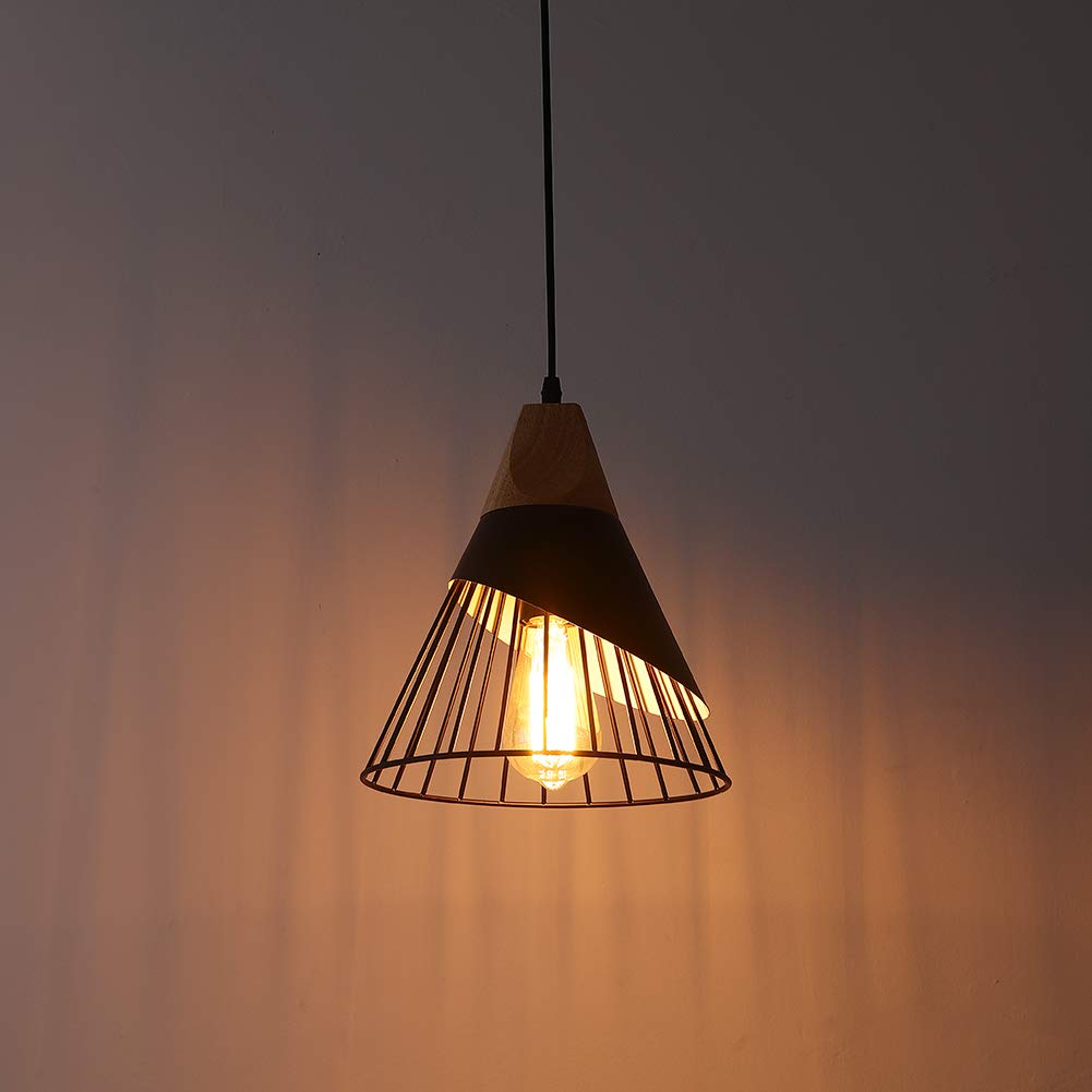 Modern Black Adjustable Wood Pendant Light - Kitchen Island Hanging Fixture for Dining Room, Living Room, Bedroom, Hallway & Bar | Industrial Style Lighting for Home & Commercial Spaces