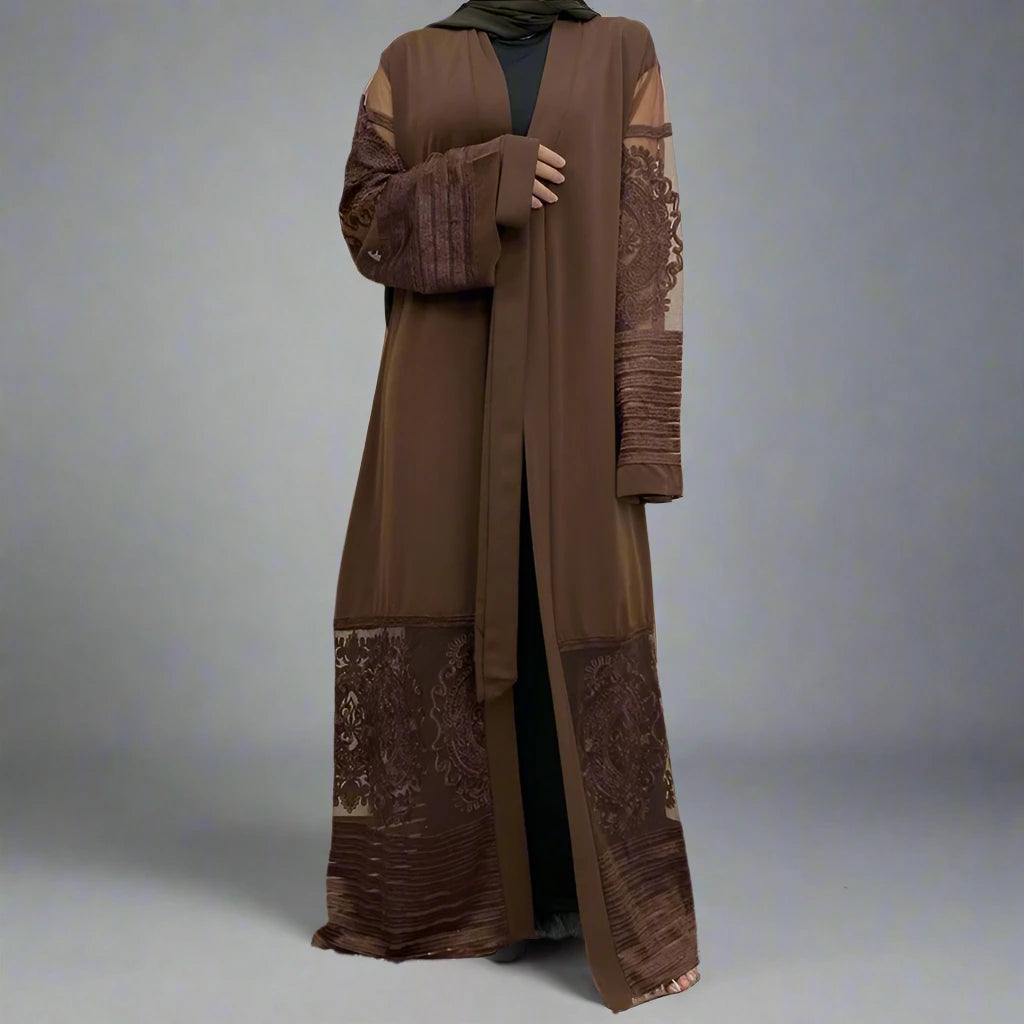 Elegant Muslim Women's Mesh Embroidery Cardigan Open Abaya Dress - Modest Islamic Fashion for Prayer, Mosque & Special Occasions