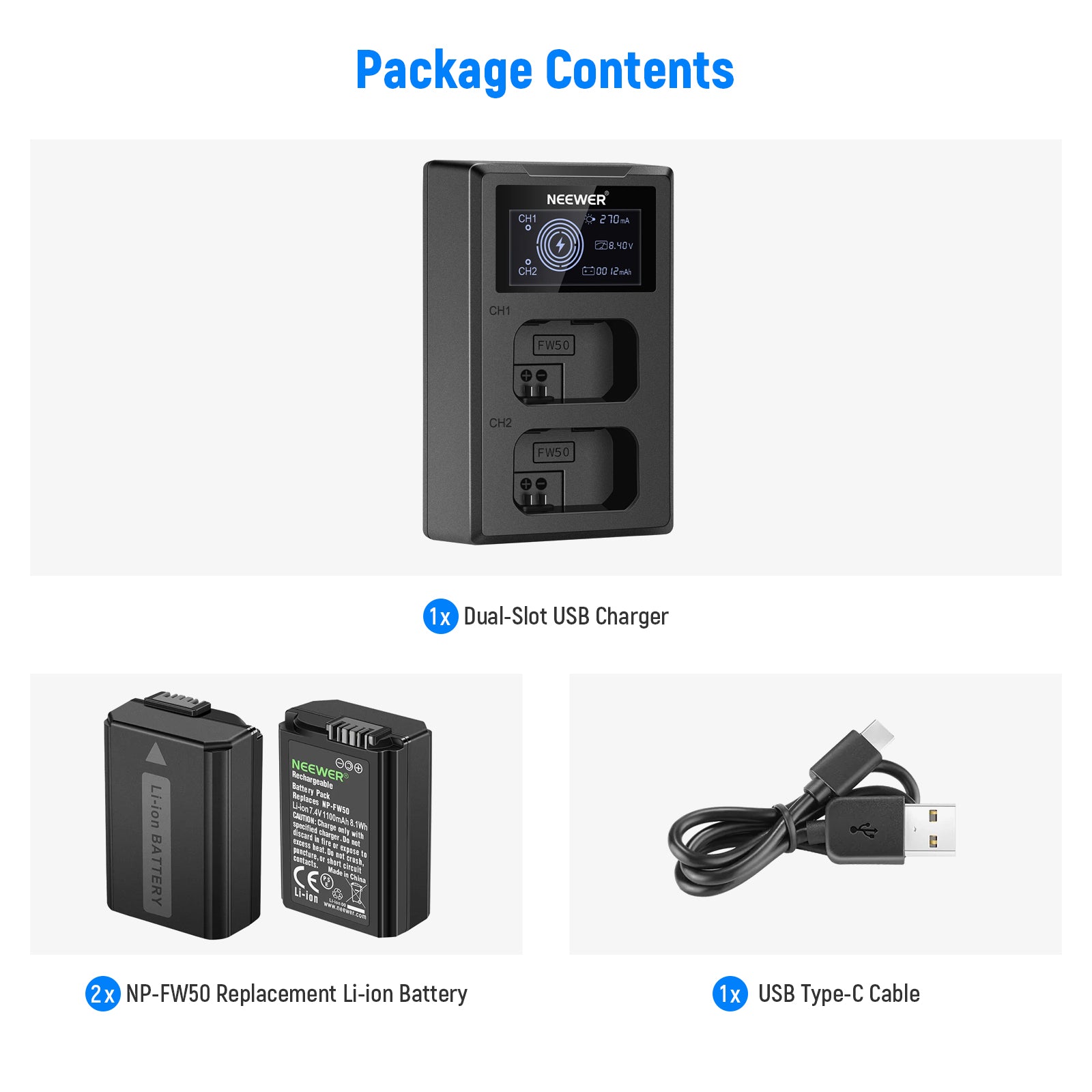 NEEWER 2 Pack NP-FW50 1100mAh Rechargeable Battery with Dual USB Charger for Sony A7 III A7R III A7S II A6000 A6300 A6500 Cameras - Perfect for Travel Photography & Vlogging