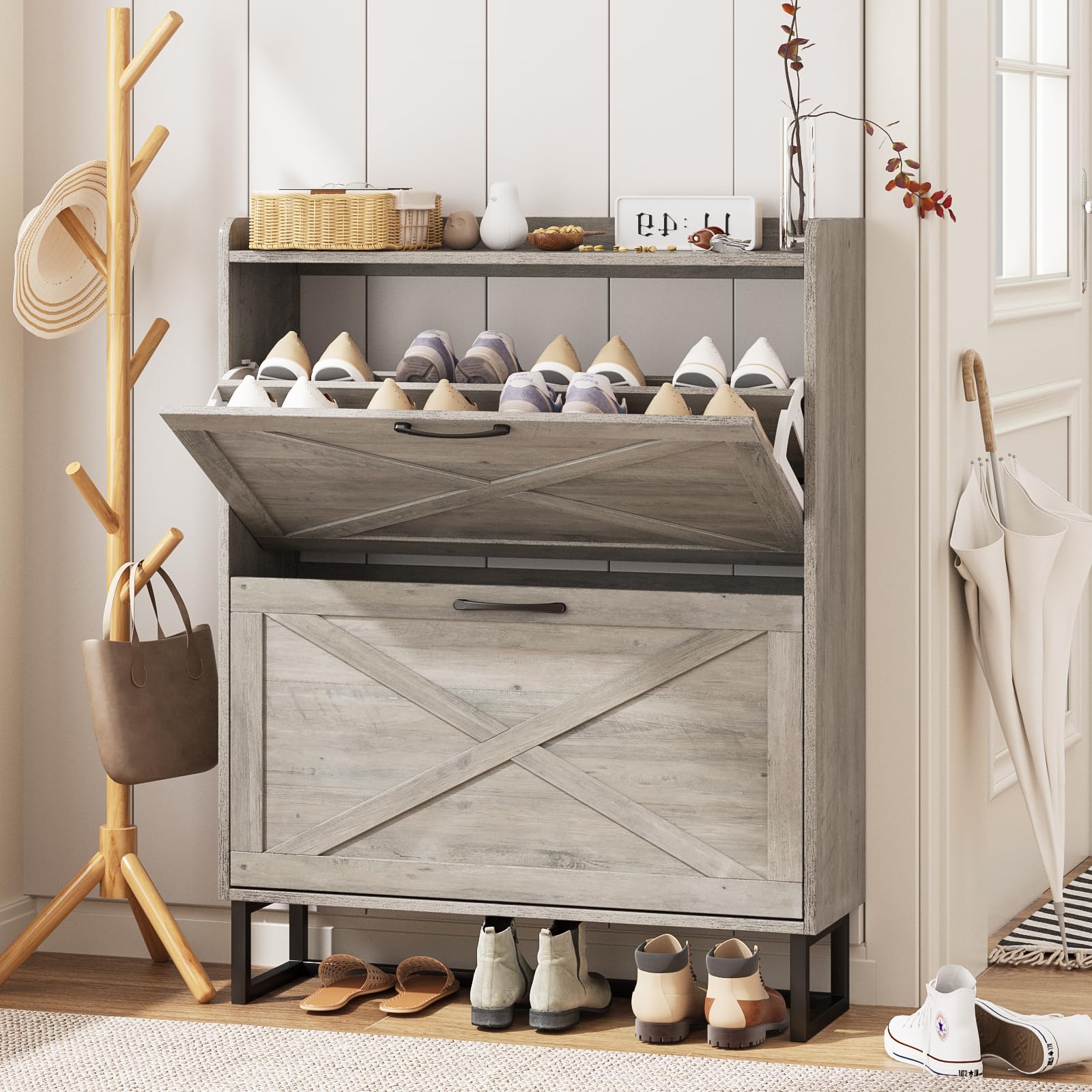 Maupvit 2-Tier Flip-Drawer Shoe Storage Cabinet with Metal Legs - Freestanding Entryway Shoe Organizer, Narrow Shoe Rack for Hallway & Closet (Washed Gray) - Perfect for Small Spaces & Apartment Living