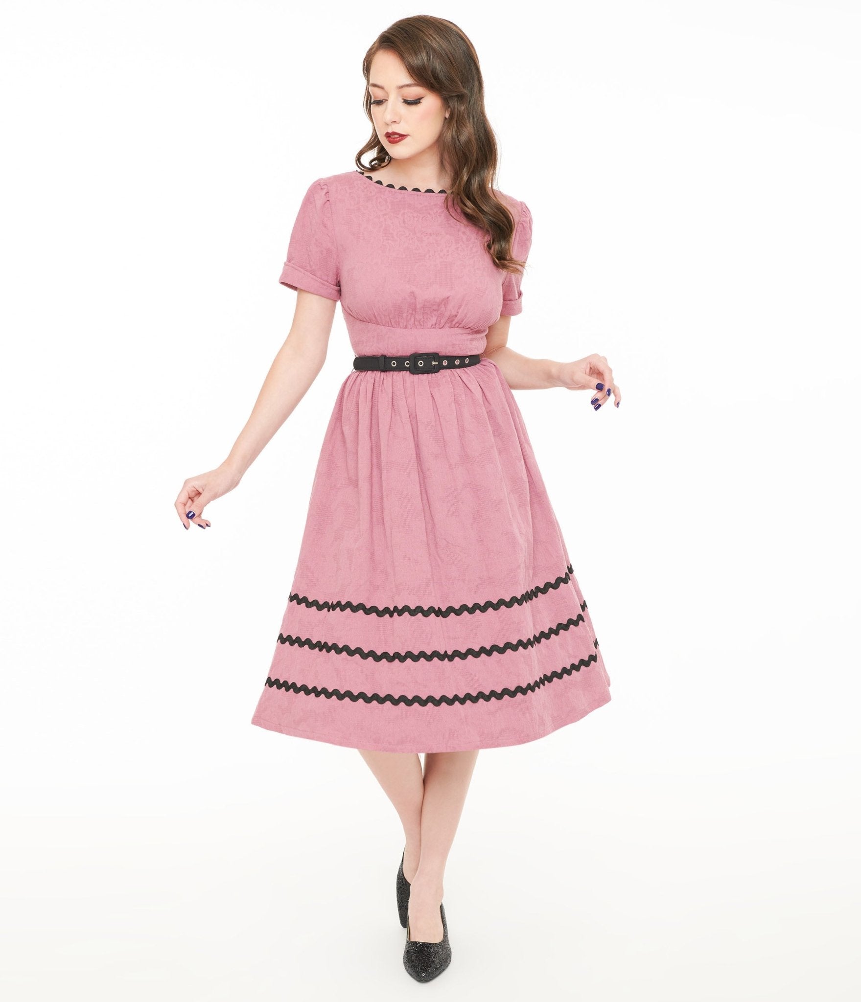 Vintage Berry & Black Cotton Swing Dress - Retro Floral Print A-Line Dress for Women | Perfect for Parties, Weddings & Casual Outings