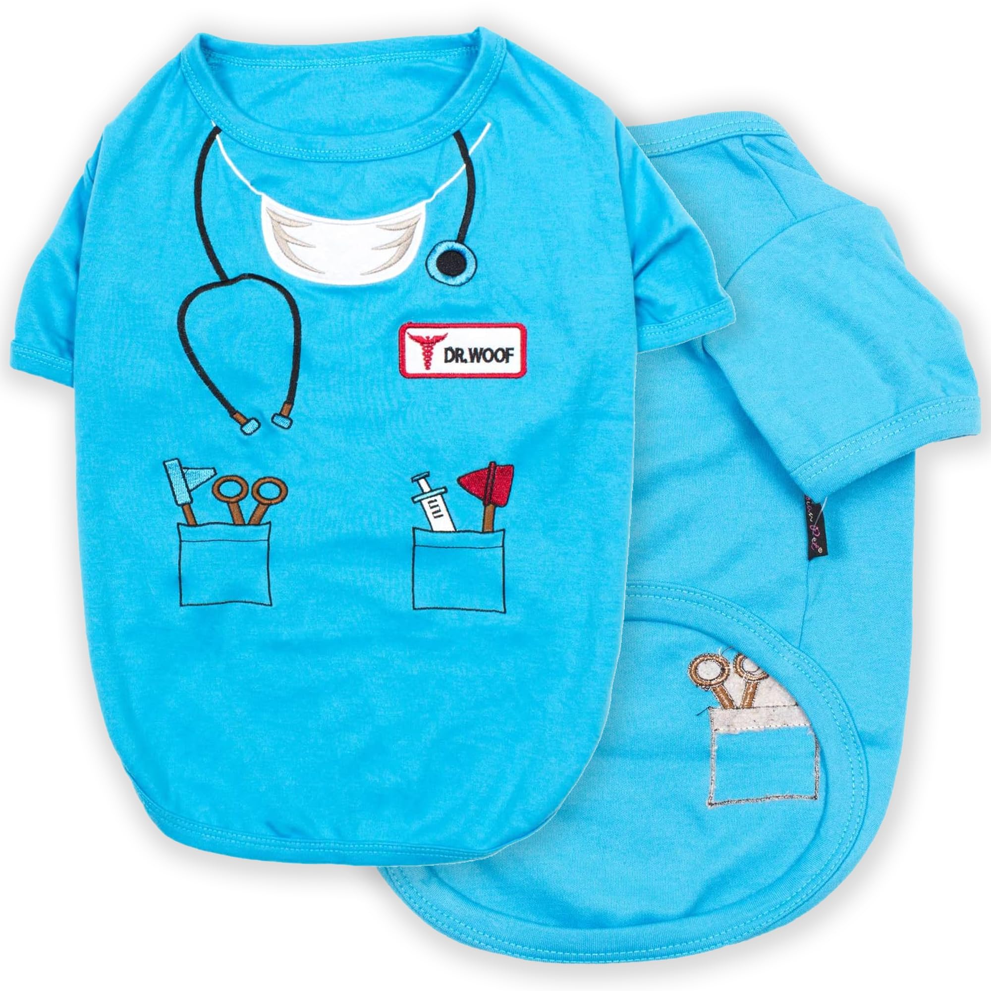 Parisian Pet Doctor Woof Dog Shirt - Embroidered Dog Pirate Costume - 100% Cotton & Polyester Doctor Outfit for Small Dogs - Blue Funny Sleeved Dog Clothes - Pet Costumes for Halloween, Dress Up Parties & Photo Shoots