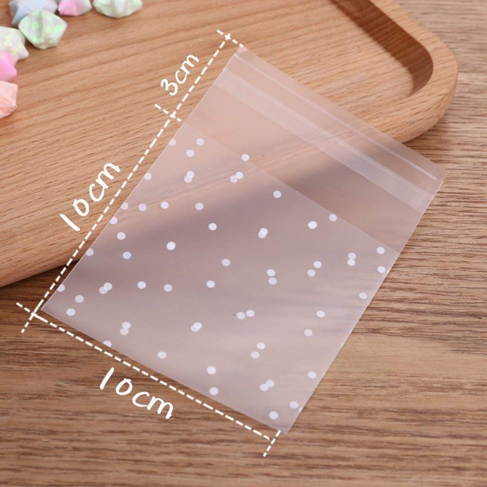 200 Pcs White Polka Dot Self-Sealing Cellophane Bags 10x10cm - Perfect for Bakery, Candles, Soap, Cookies & Party Favors | Small Clear Poly Bags for Gift Wrapping, Wedding Favors & Craft Storage
