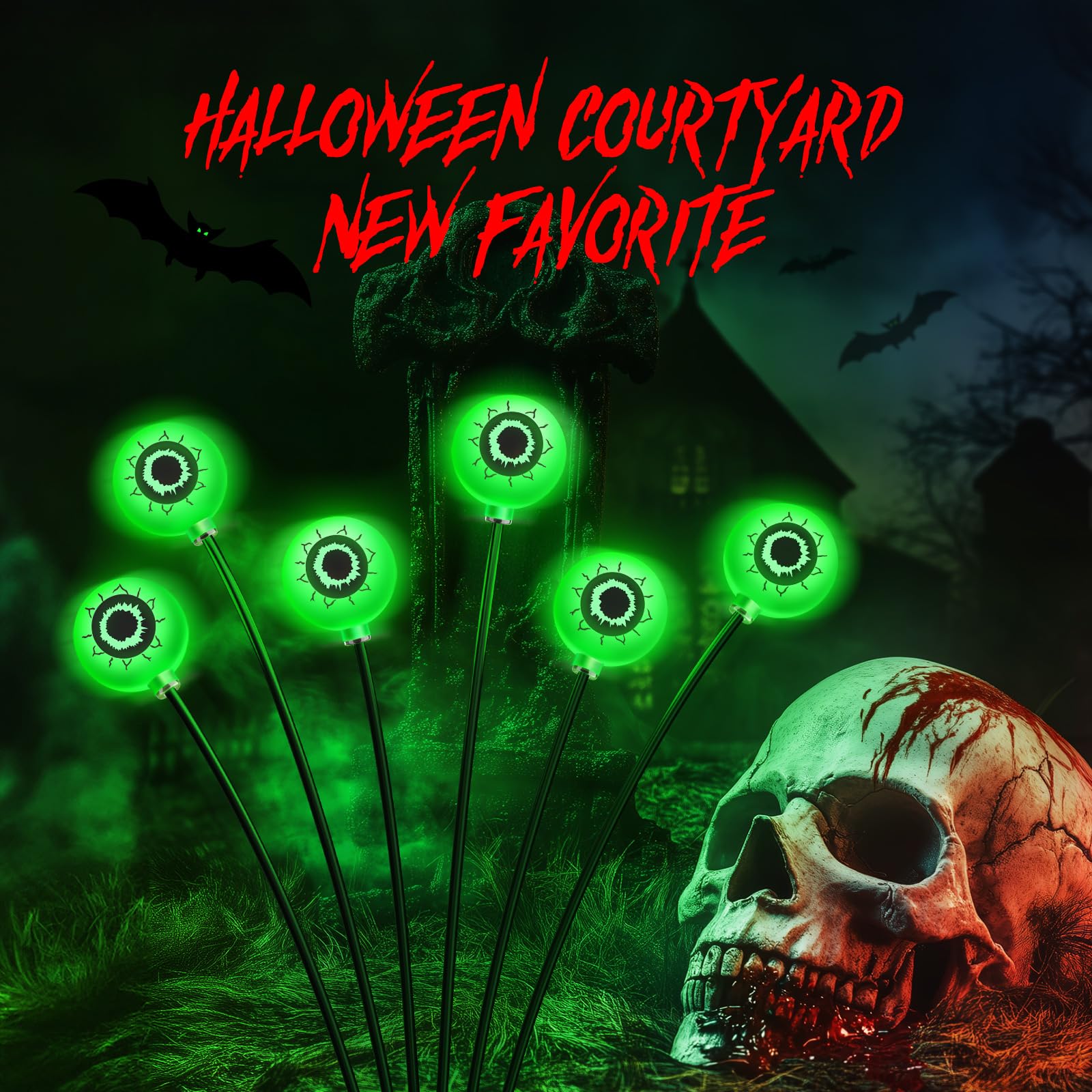 6 Pack Solar Halloween Decorations Outdoor - 36LED Scary Eyeball Lights with Wind Swaying Effect, Waterproof Green Halloween Pathway Lights for Yard, Lawn, Garden - Perfect for Spooky Halloween Party & Trick-or-Treat Decor