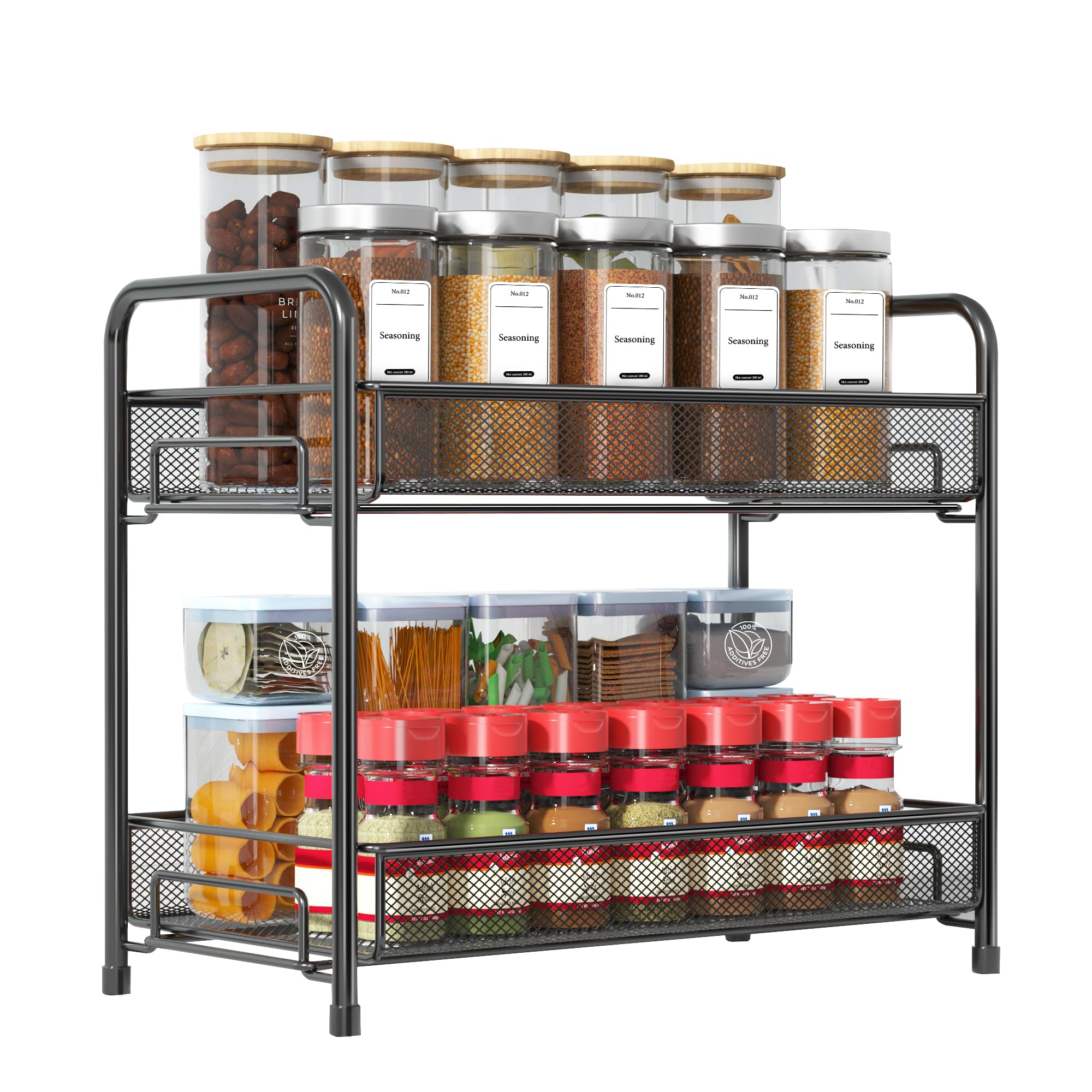Xpatee 2-Tier Foldable Metal Spice Rack Organizer - Rust-Proof Countertop Spice Shelf with Guardrail & Mesh Design for Kitchen, Pantry, Bathroom - Space Saving Storage Solution for Spices, Seasonings & Small Items (Black)