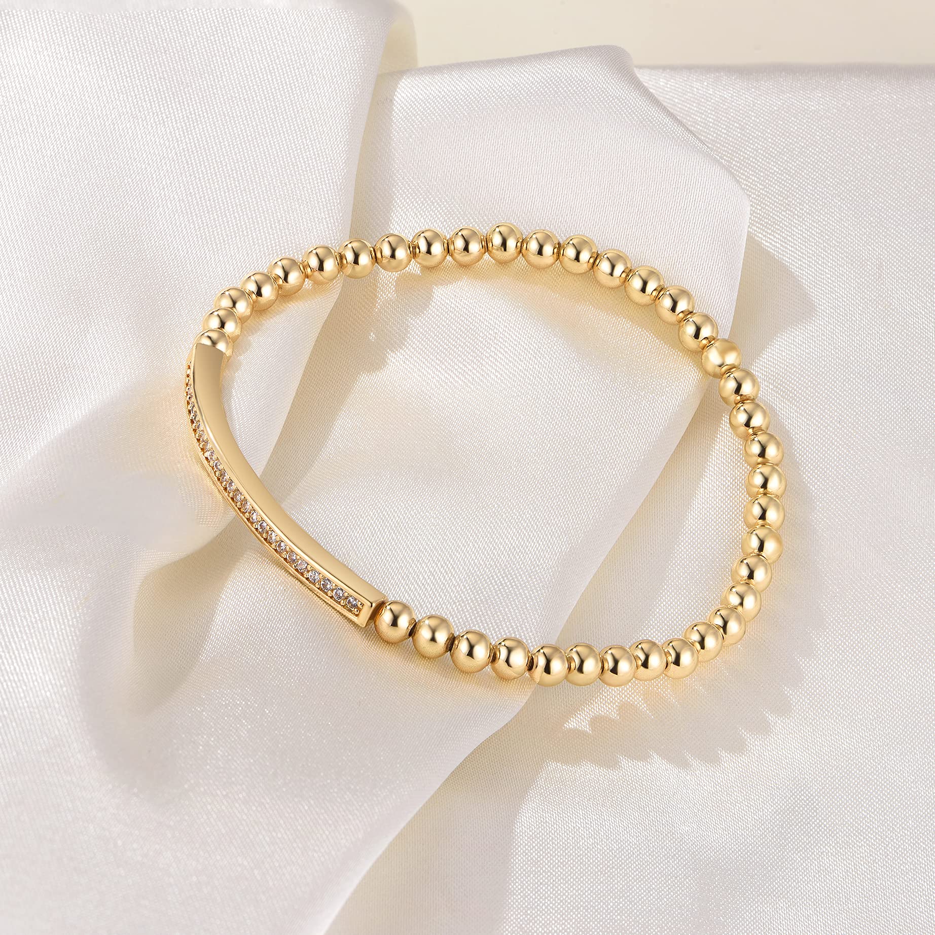NUZON 4mm Gold Beaded Chain Bracelet for Women - 18K Gold Plated Cubic Zirconia Curved Bar Bracelet with Stretch/Lobster Clasp Options - Elegant Jewelry for Everyday Wear, Parties & Gifts