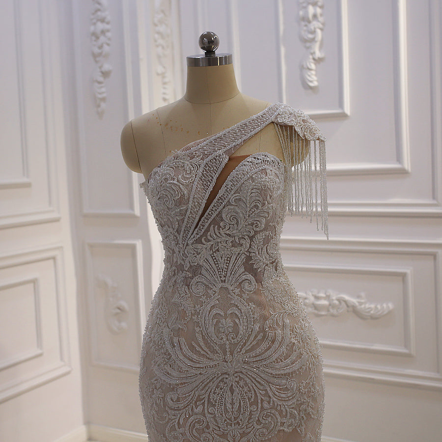 AM1050 Floral One Shoulder Beaded Lace Applique Mermaid Wedding Dress – Perfect for Beach, Destination, and Boho Chic Bridal Ceremonies