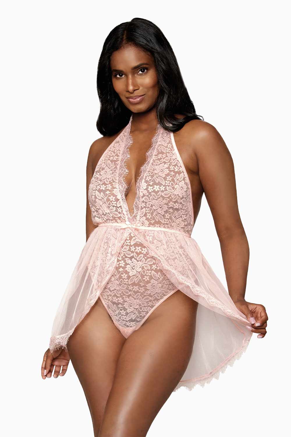 MYSTICA Women's Sexy Babydoll Lingerie - Pink Lace Nightwear for Valentine's Day & Romantic Nights | Soft Comfortable Sleepwear for Couples & Special Occasions