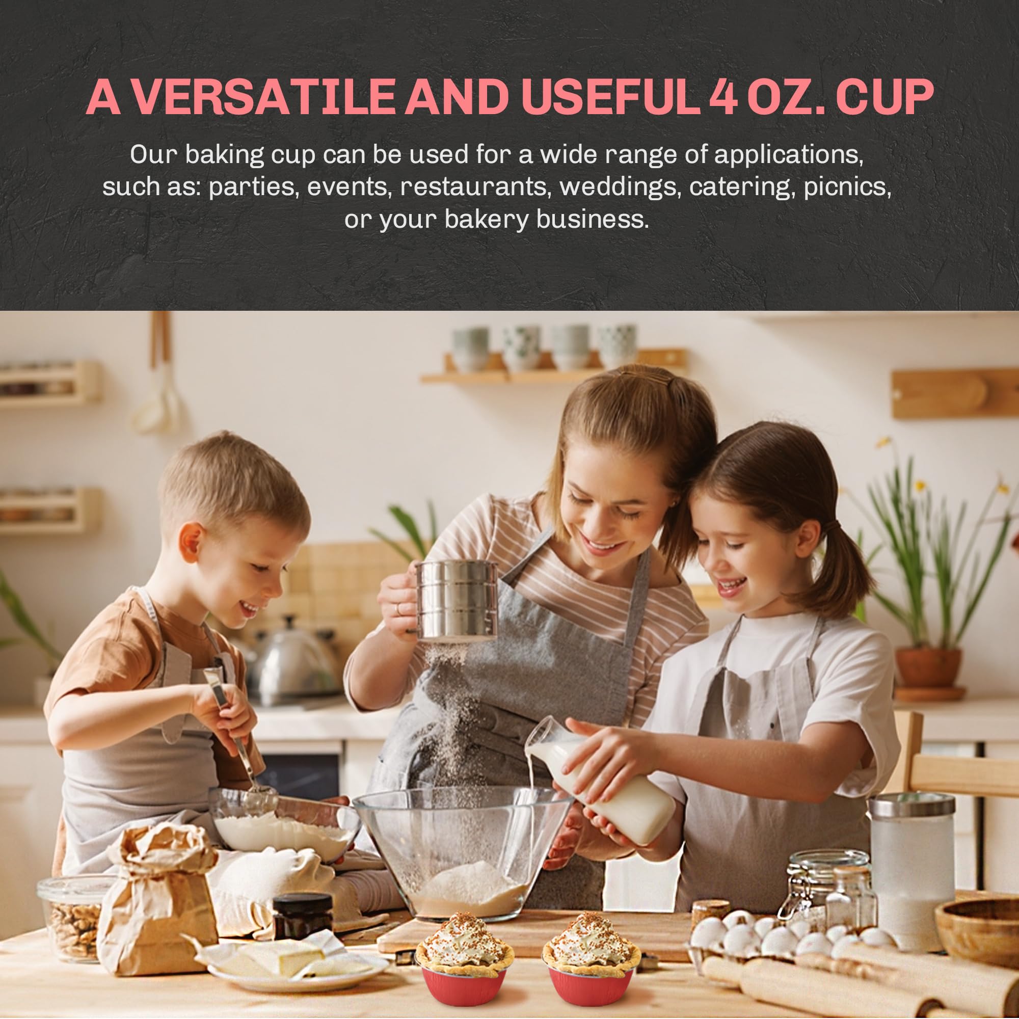 KitchenDance 4oz Disposable Aluminum Baking Cups with Lids - 500 Pack Red Stackable Foil Pans for Creme Brulee, Flan, Cupcakes, Desserts - Perfect for Home Baking, Party Cooking & Meal Prep