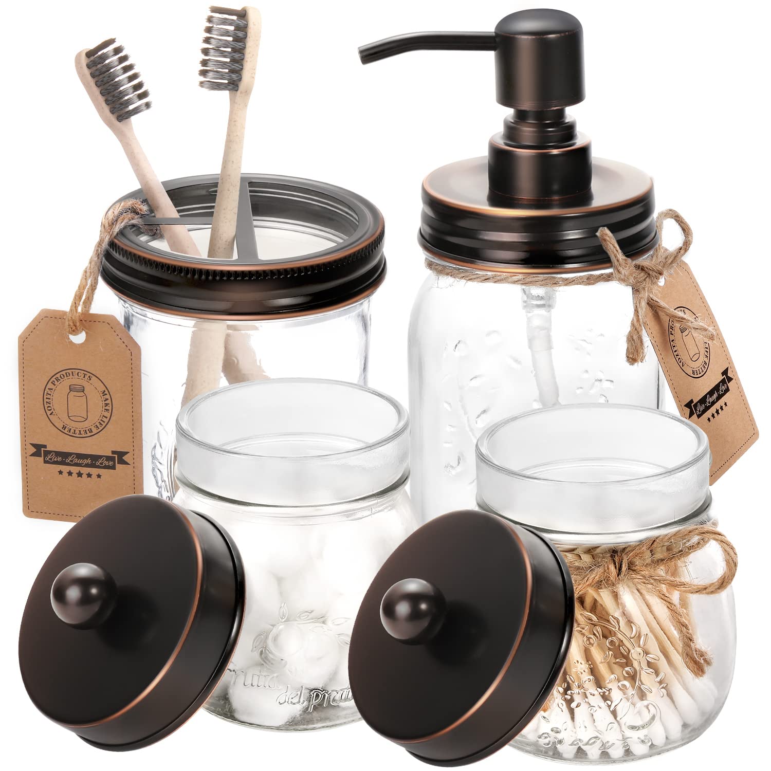 Oil Rubbed Bronze Mason Jar Bathroom Set - 4-Piece Farmhouse Decor with Soap Dispenser, 2 Apothecary Jars & Toothbrush Holder - Rustic Countertop Organizer for Bathroom, Kitchen, or Vanity | Perfect for Farmhouse, Cottage & Vintage Style Homes