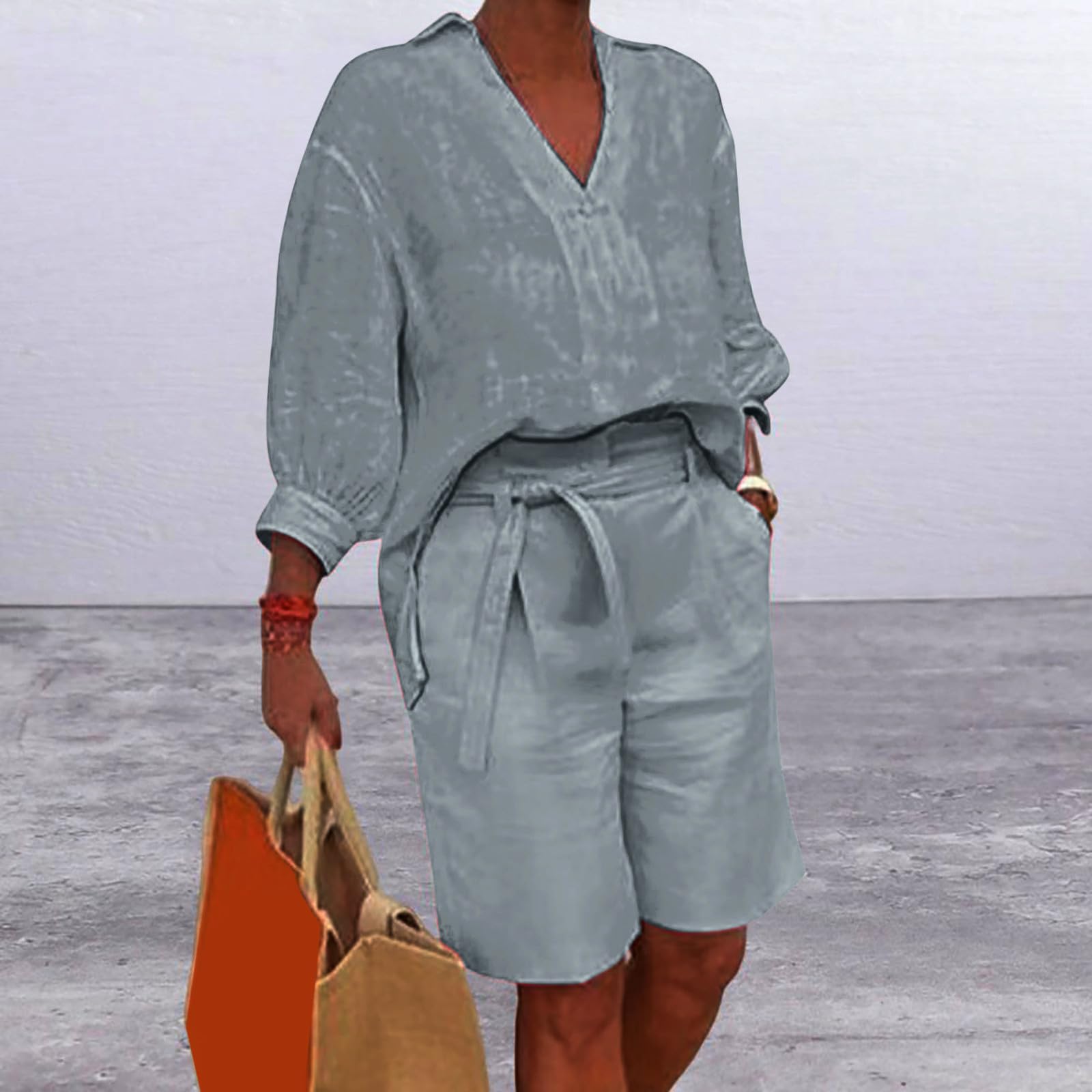 Women's 2-Piece Outfit Set - Loose Fit Cotton Linen Button Down Shirt & High Waist Pants Lounge Wear | Casual Summer Matching Sets for Home, Travel & Street Style