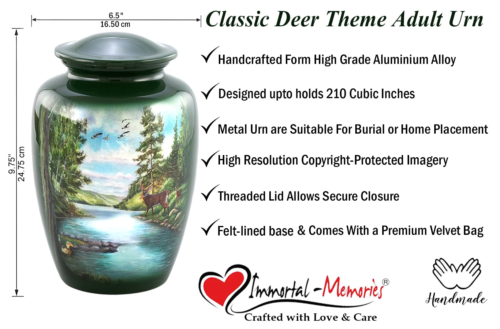 Handcrafted Wooden Memorial Urn for Ashes - Large Deer Engraved Cremation Urn with Velvet Storage Bag | Perfect for Home Memorials, Funeral Services & Pet Ashes Keepsake