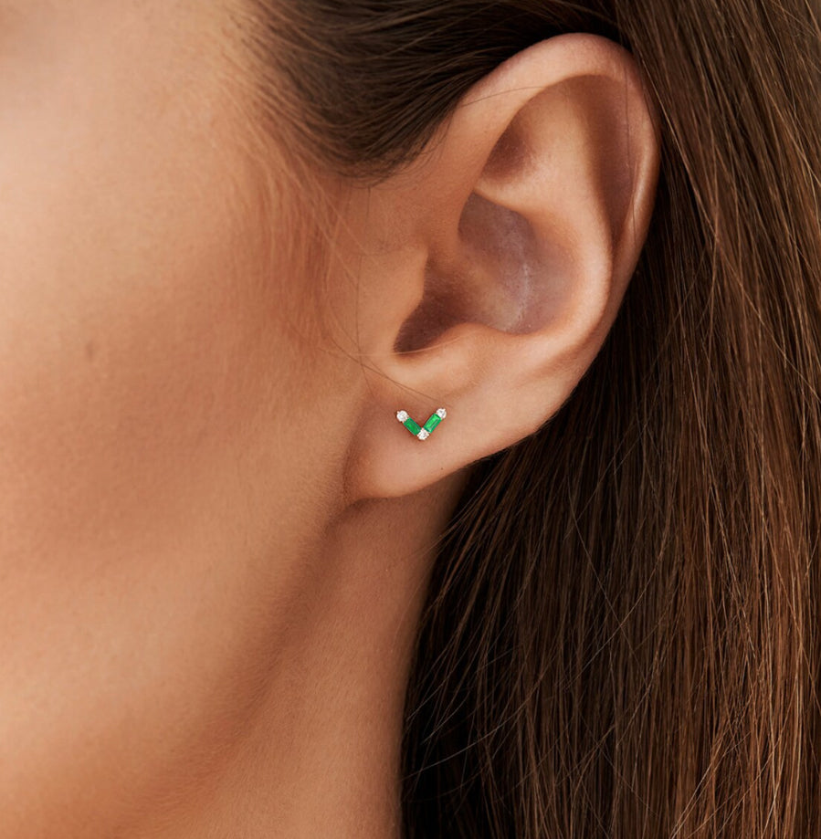 Green Emerald AV Style Stud Earrings for Women - Dainty Elegant Jewelry Gift for Birthday, Anniversary & Special Occasions