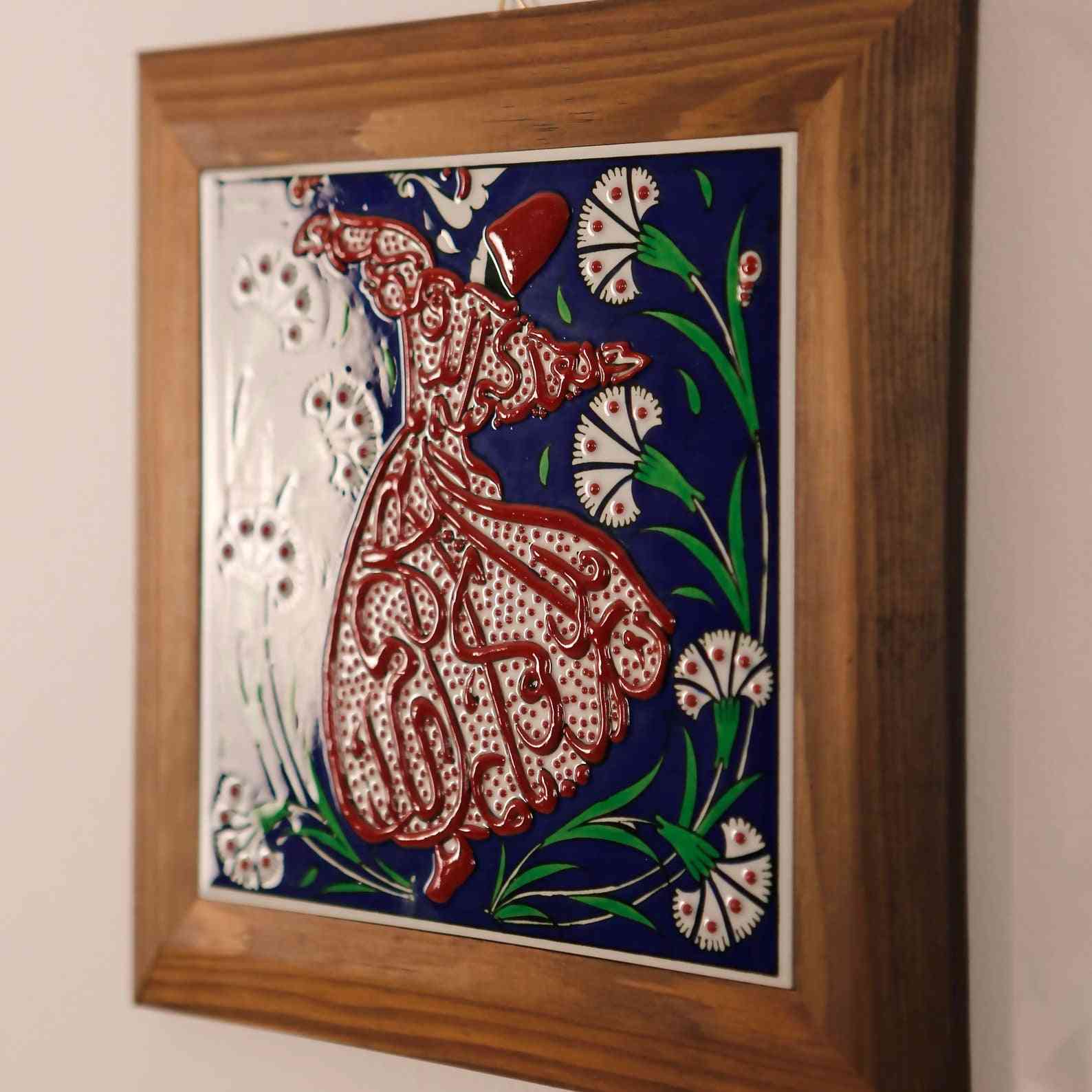 Hand Painted Islamic Iznik Tile Wall Art - Whirling Darwish Design - Authentic Turkish Home Decor for Living Room, Bedroom & Office