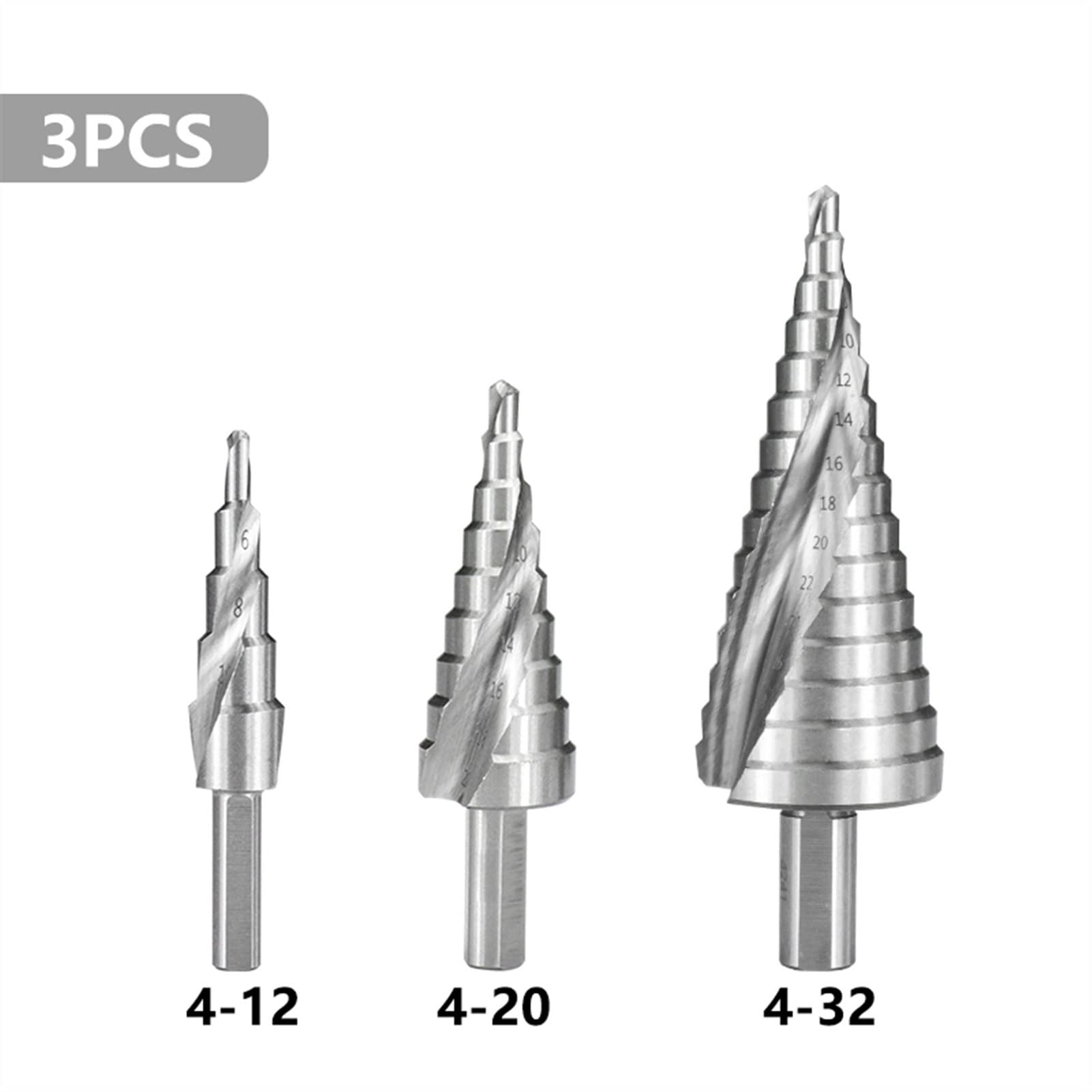 High-Speed Steel (HSS) Step Drill Bit Set - 3pc (4-12mm, 4-20mm, 4-32mm) - Spiral Groove Design for Wood & Metal - Round Shank Cone Drill Power Tool Accessories - Perfect for DIY Projects, Home Repairs & Professional Metalworking