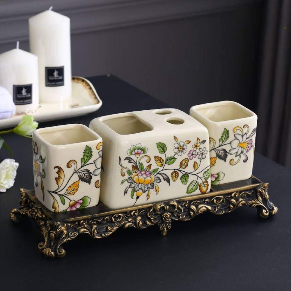Vintage Ceramic Bathroom Accessories Set - 4 Piece Yellow Floral Vanity Decor with Toothbrush Holder, Tumblers & Tray for Home & Hotel Use | Simple Beige Bathroom Organizer for Countertop Decor