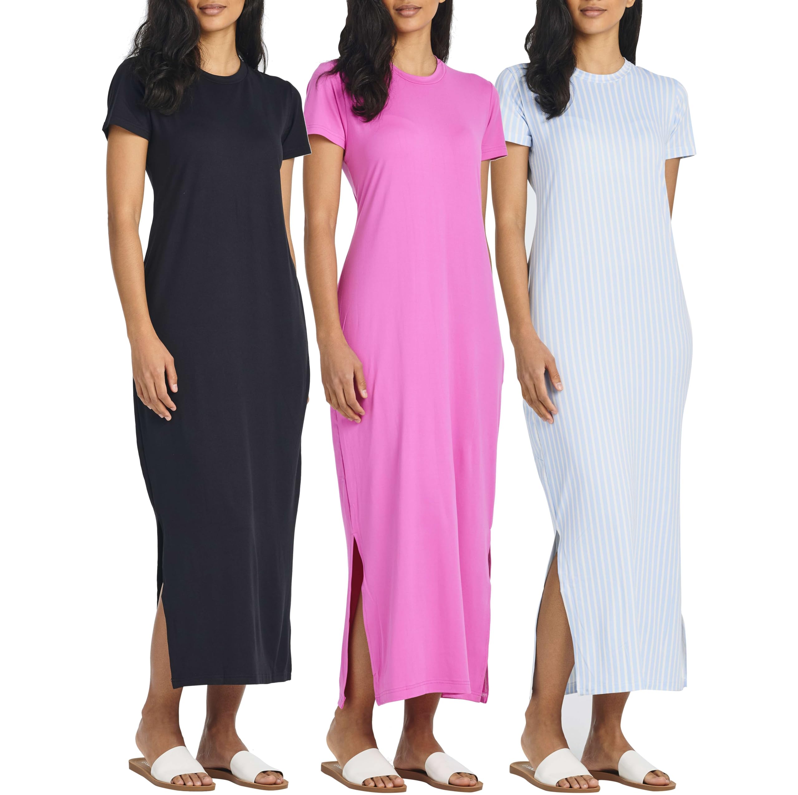 Real Essentials 3 Pack Women's Casual Short Sleeve Maxi T-Shirt Summer Dresses with Side Slit & Pockets - Plus Size Available - Perfect for Beach, Vacation & Everyday Wear