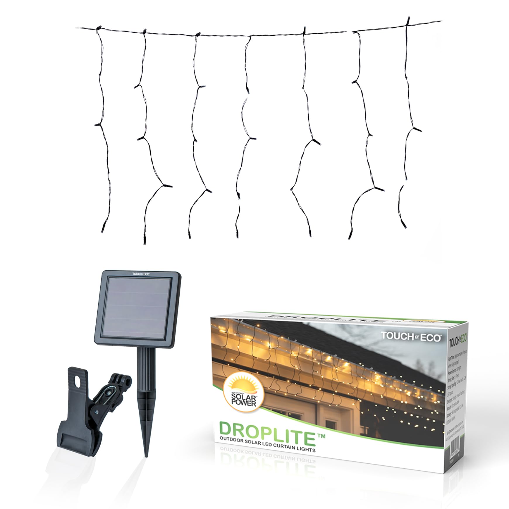 Touch Of ECO DROPLITE 100 Solar LED Curtain String Lights - Cool White Outdoor Fairy Lights for Patio, Garden, Wedding & Party Decor