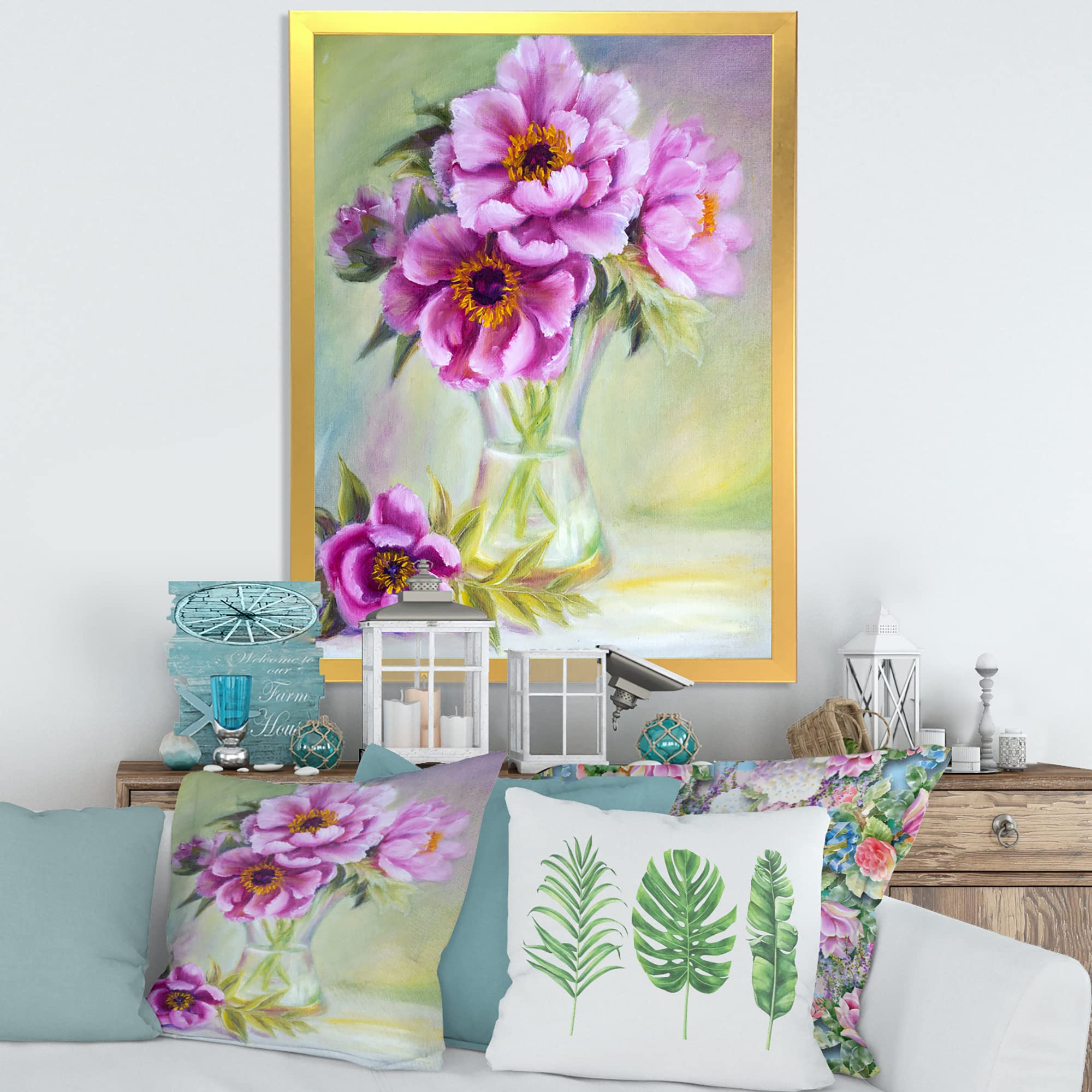 DesignQ Peonies in Vase Still Life Oil Painting - Traditional Framed Wall Art Decor for Living Room, Bedroom & Office