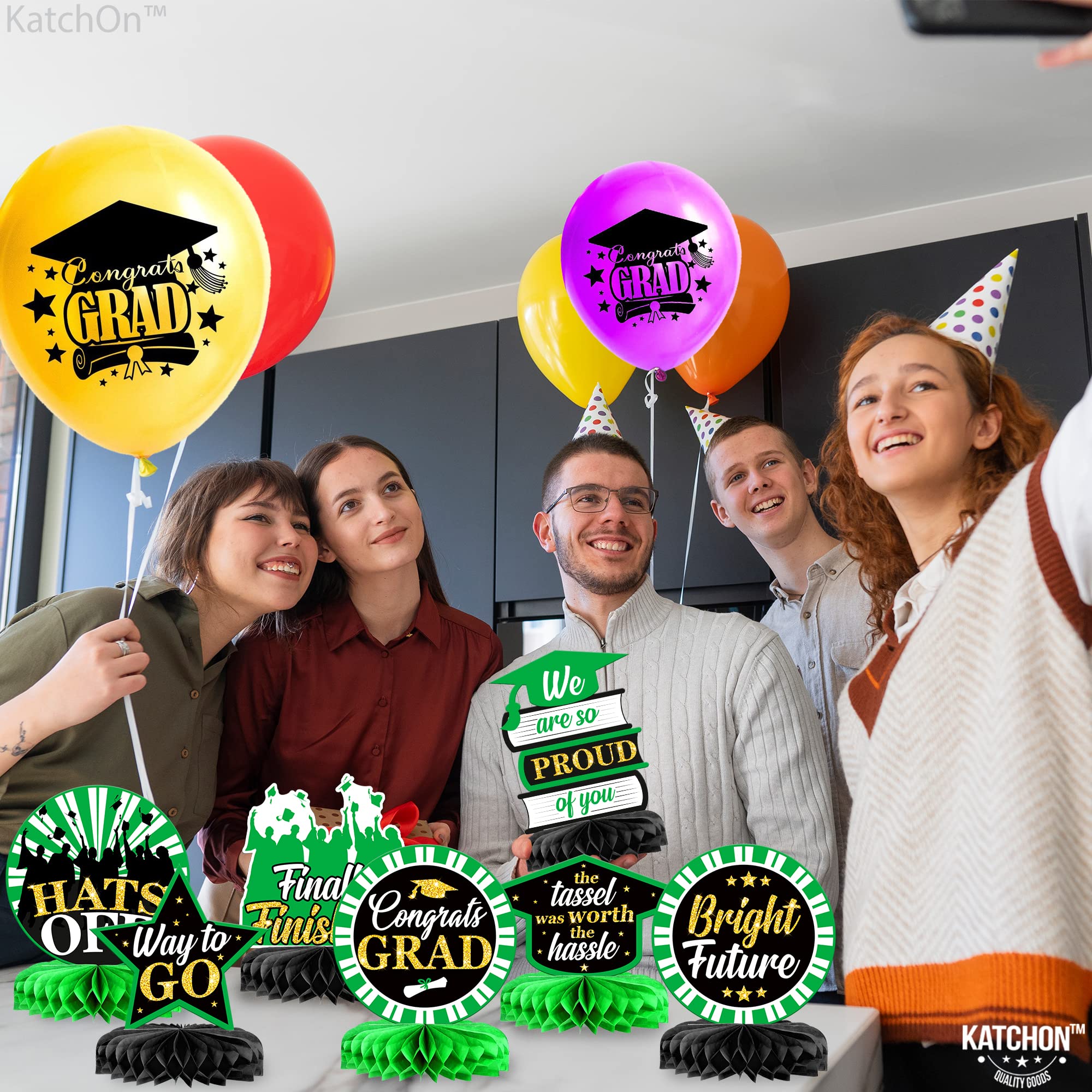 KatchOn Graduation Honeycomb Centerpieces - Pack of 9, Green & White Table Decor for 2025 Graduation Parties, Commencement Ceremonies & School Celebrations