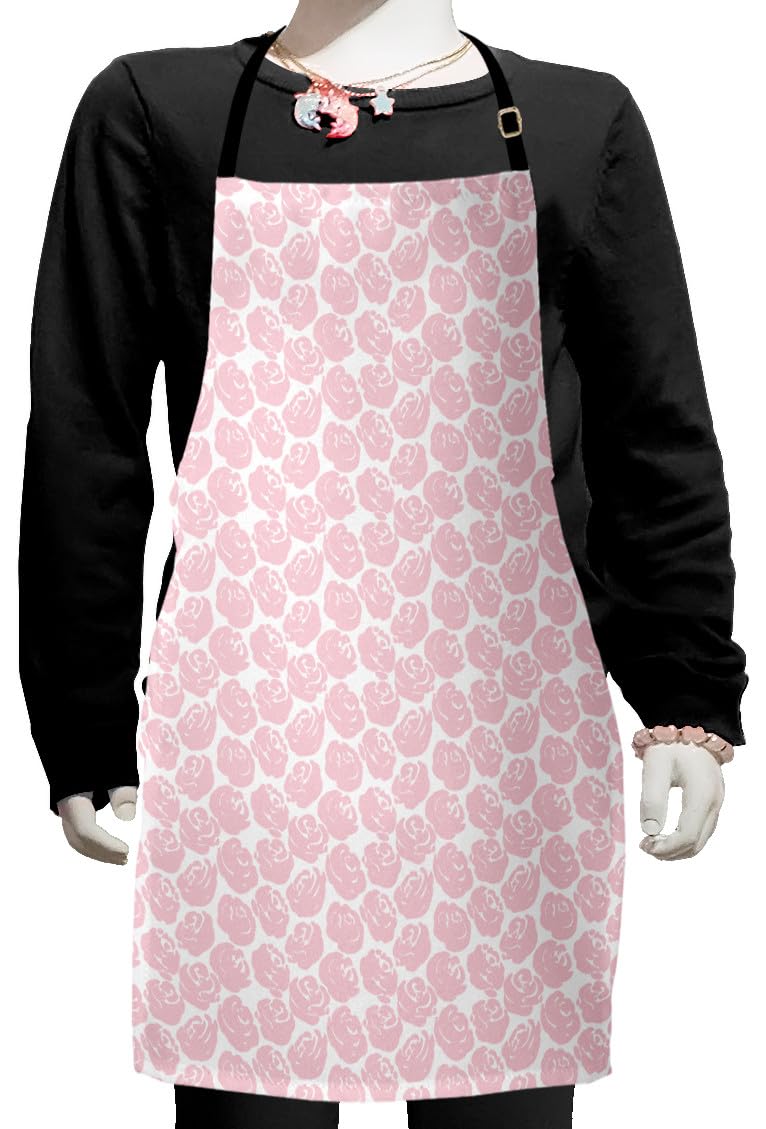 Ambesonne Floral Apron for Women - Adjustable Rose Silhouette Print Bib Apron for Baking, Painting, Cooking & Gardening - Small Size Rose White English Garden Design - Perfect for Home, Kitchen & Outdoor Activities