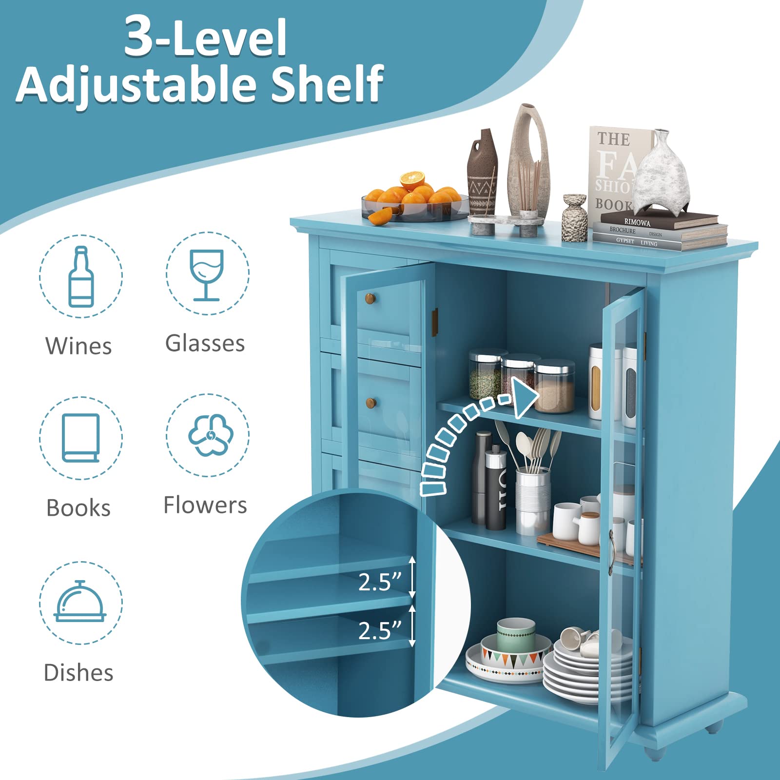 Modern Blue Sideboard Buffet Cabinet - Kitchen Storage, Coffee Bar Station & Dining Room Credenza - Perfect for Entryway, Living Room & Home Organization