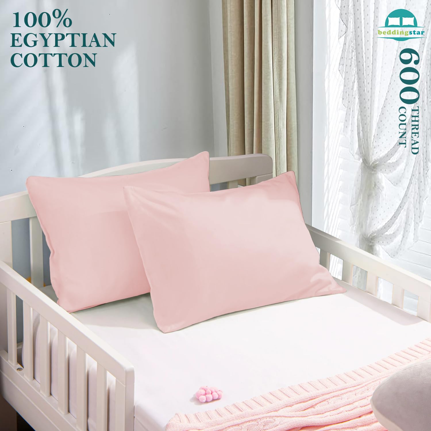 12x16 Travel Pillow Case Set of 2 - 100% Egyptian Cotton 600 Thread Count with Zipper Closure - Soft Toddler Pillow Cover for Airplane, Car & Home Use - Blush Pink Solid