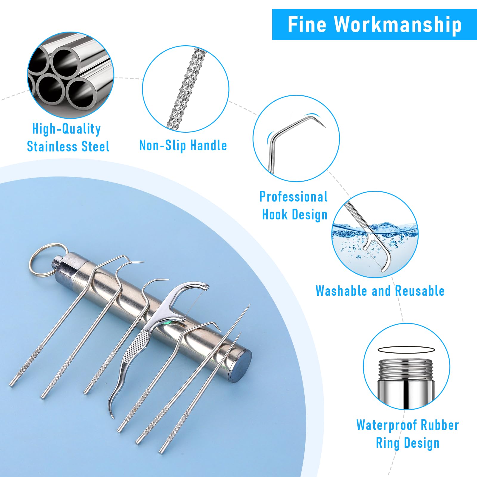 Premium Stainless Steel Toothpick Set - 7Pcs x 2 Reusable Metal Dental Picks with Holder | Multipurpose Teeth Cleaning Tools for Travel, Camping, Picnic & Daily Oral Care | Durable Portable Dental Hygiene Kit