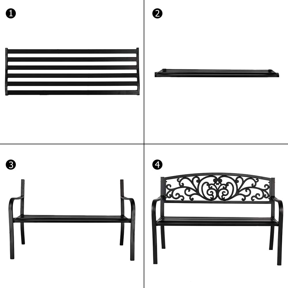 VINGLI 50 Inch Outdoor Metal Bench - Heavy Duty Powder Coated Cast Iron Steel Garden Bench for Patio, Yard, Lawn, Deck & Entryway - Weather Resistant Black Outdoor Furniture for Relaxing & Decorating