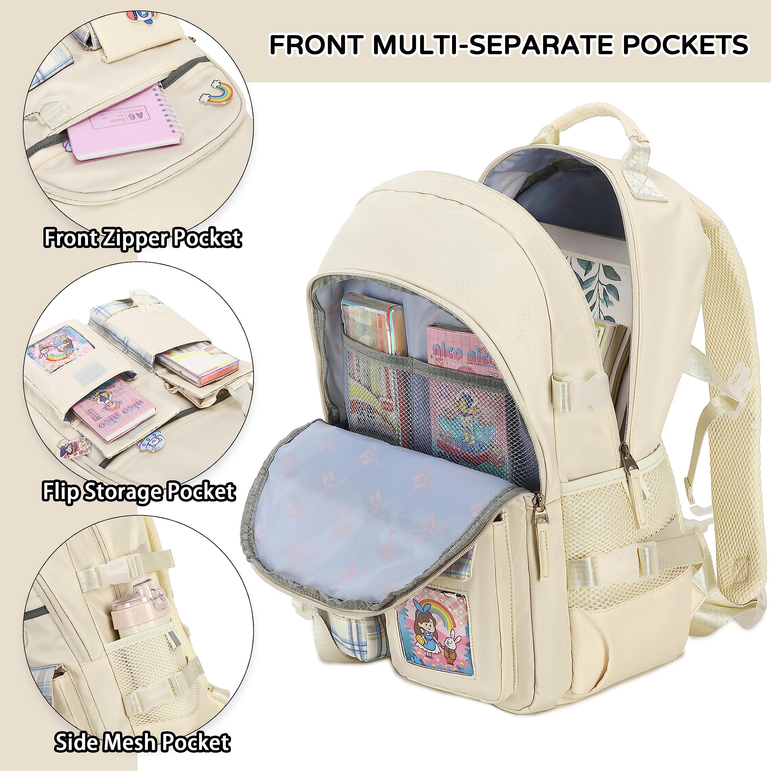 **Shadow Vision Cute Beige Kids Backpack for Girls - Lightweight School Bookbag for Teen Girls, Durable & Stylish - Perfect for School, Travel & Daily Use**