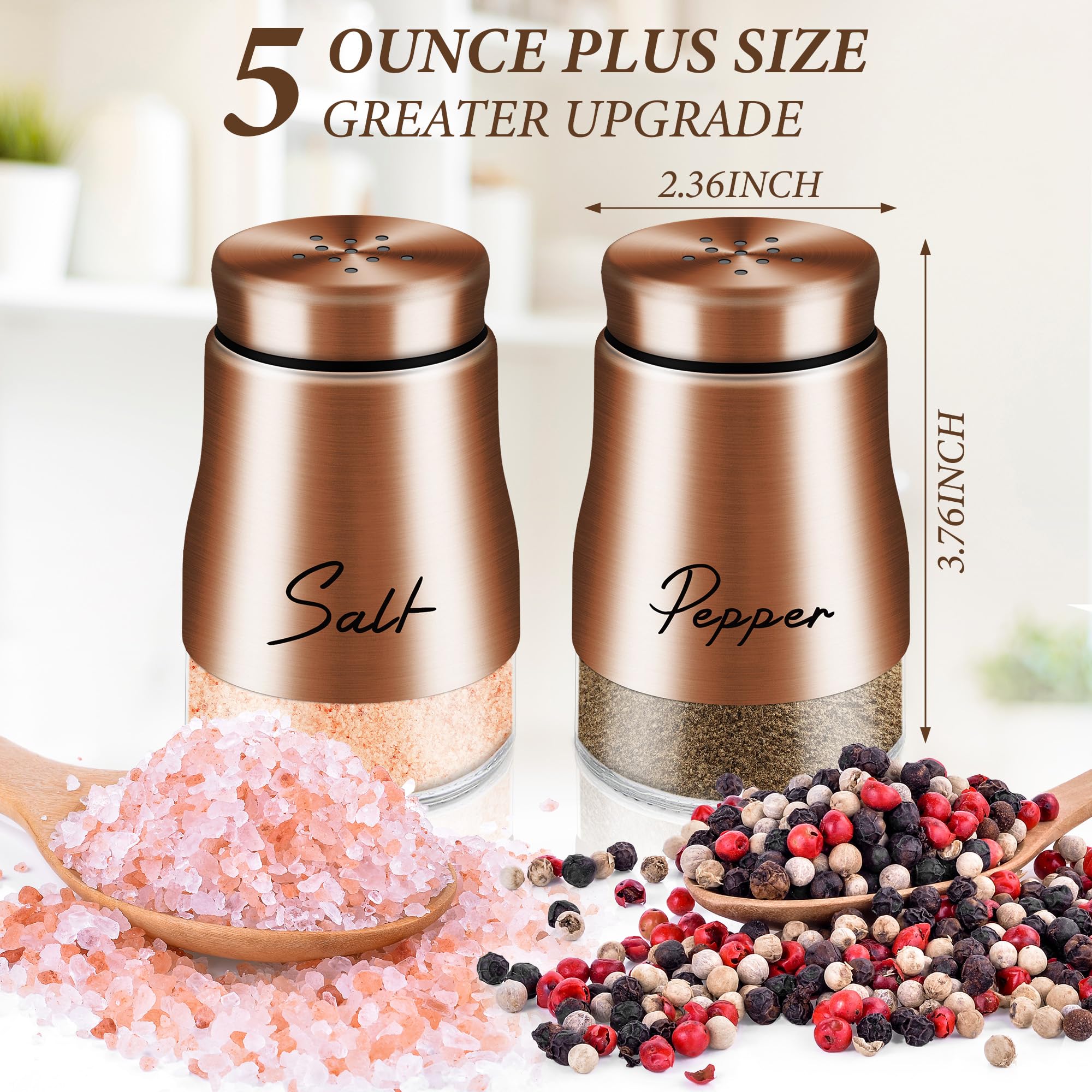 Premium Copper Salt and Pepper Shakers Set - 5 oz Glass Bottoms with Stainless Steel Lids - Modern Farmhouse Kitchen Decor - Perfect for Restaurants, Weddings & Housewarming Gifts (Copper) - Ideal for Dining Tables, Kitchen Countertops & Gift Giving