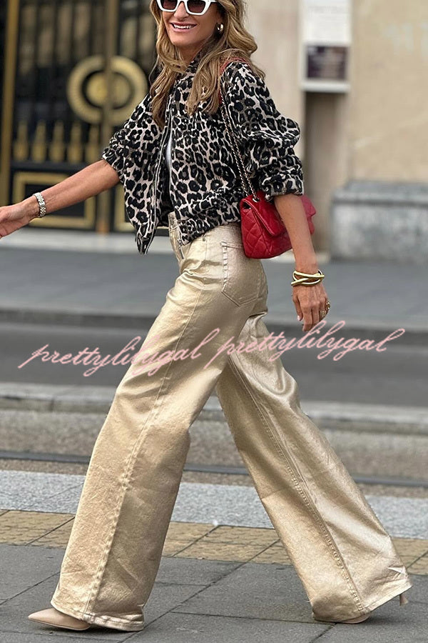 Dashing Darling Women's High Waist Metallic Fabric Wide Leg Pants with Pockets - Stylish & Comfortable for Work, Office, and Casual Outfits