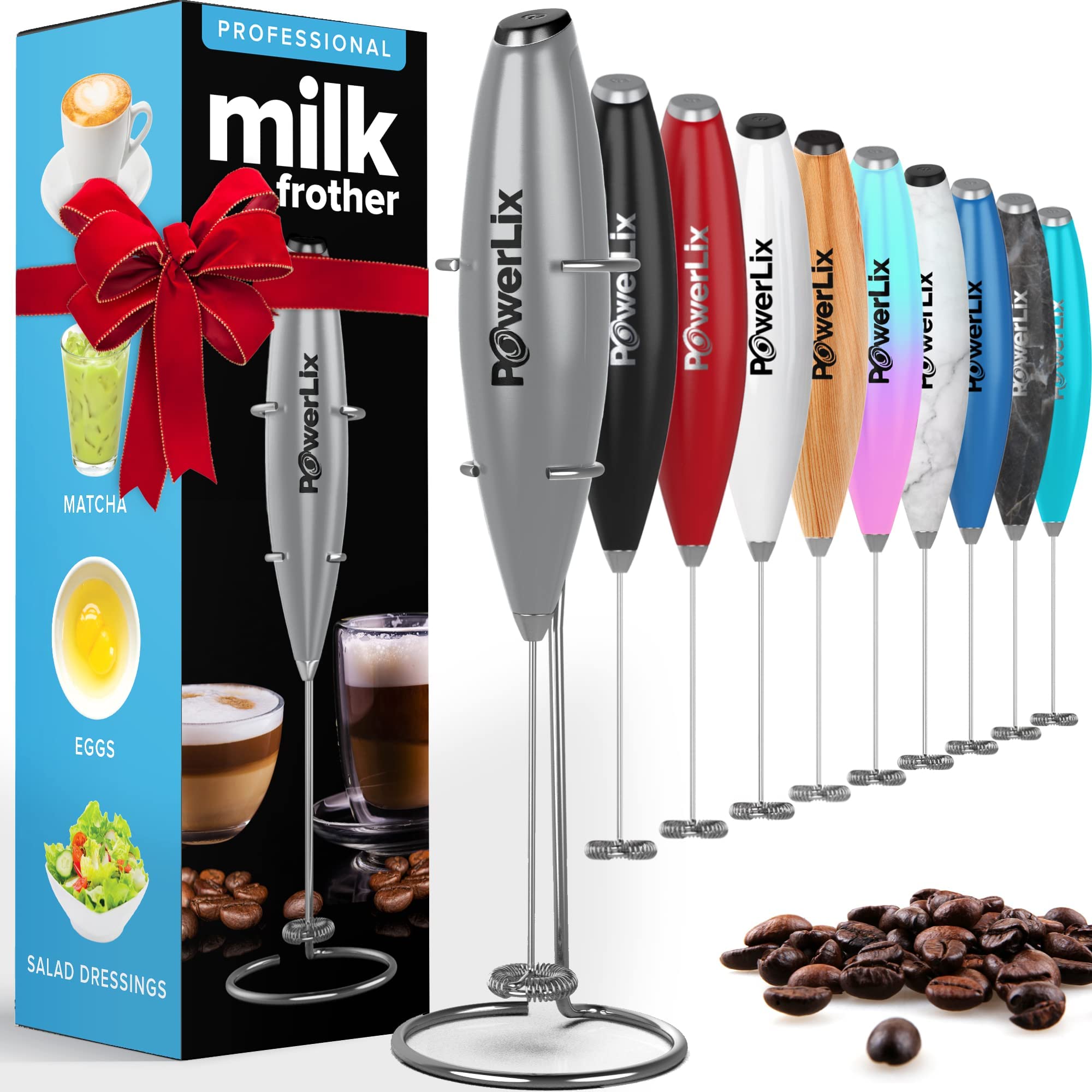 PowerLix Handheld Milk Frother - Battery Operated Foam Maker for Coffee, Latte & Cappuccino - Includes Stand (Black/Silver) - Perfect for Home, Office & Coffee Shops