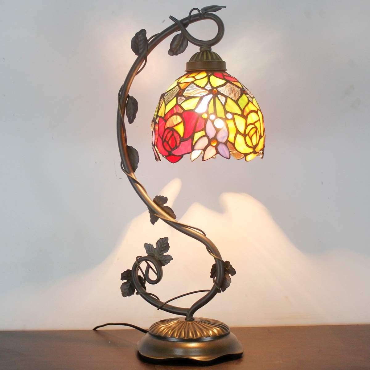 WERFACTORY Tiffany Style Table Lamp - Red Rose Stained Glass Desk Light with Metal Leaf Base, 6x10x21 Inches, Perfect for Reading, Bedroom, Home Office, and Small Space Decor (S001 Series)