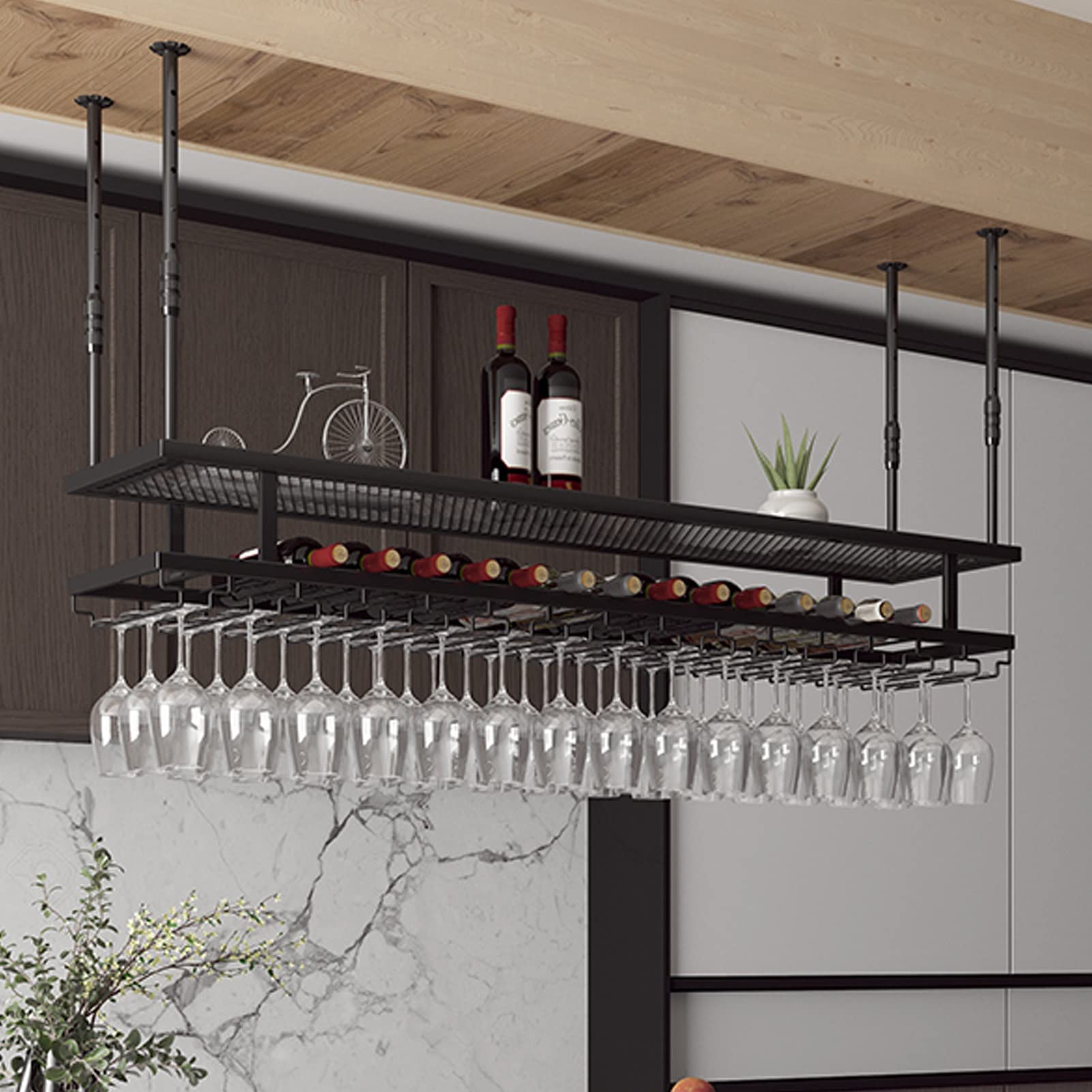QJYNS 2-Tier Iron Wine Rack & Stemware Holder - Ceiling Mounted Bar Storage for Restaurants & Home Kitchens - Perfect for Wine Bottle & Glass Organization in Dining Rooms & Entertainment Spaces