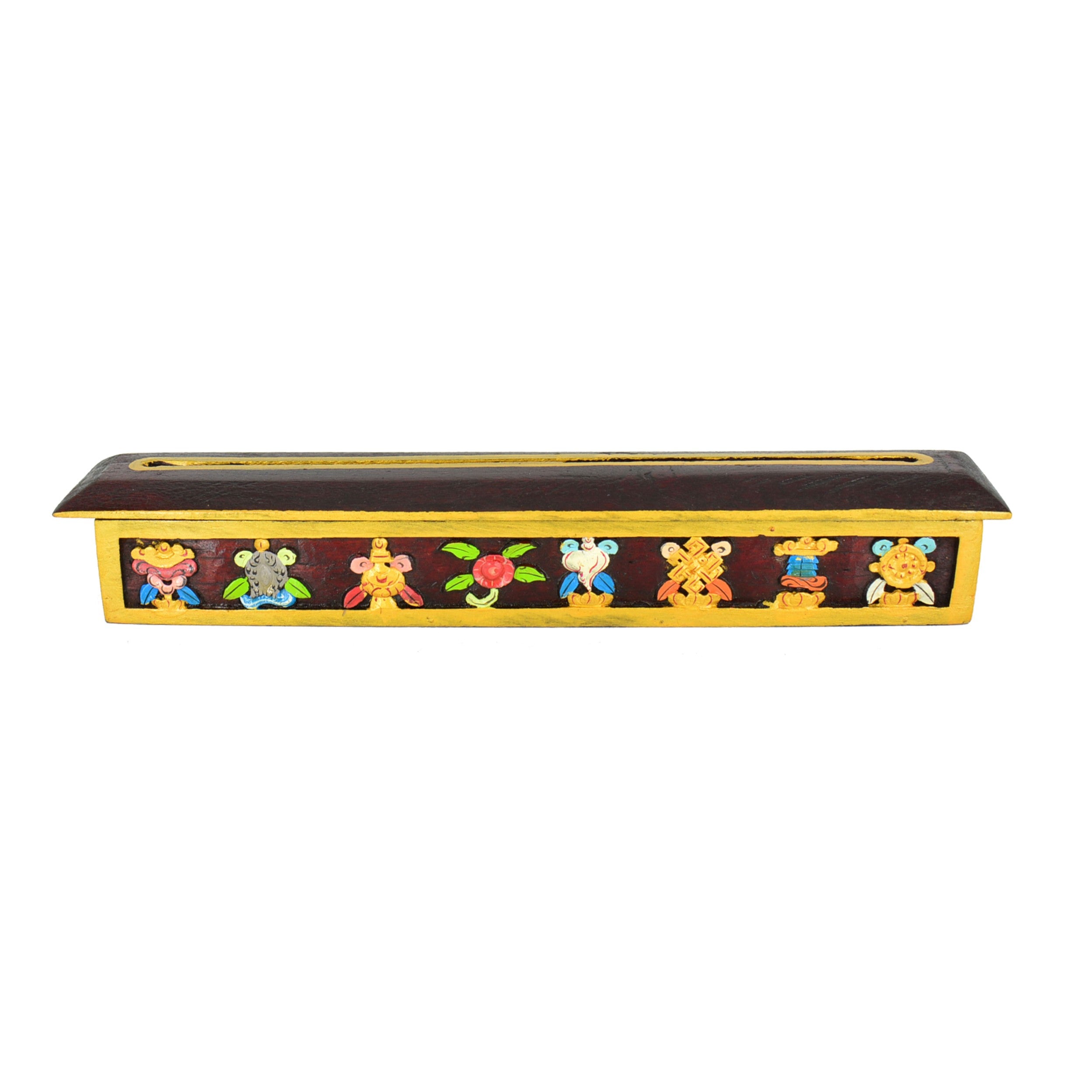 Handmade Tibetan Wooden Incense Burner with 8 Auspicious Signs - Authentic Buddhist Decor for Meditation, Yoga & Home Altar