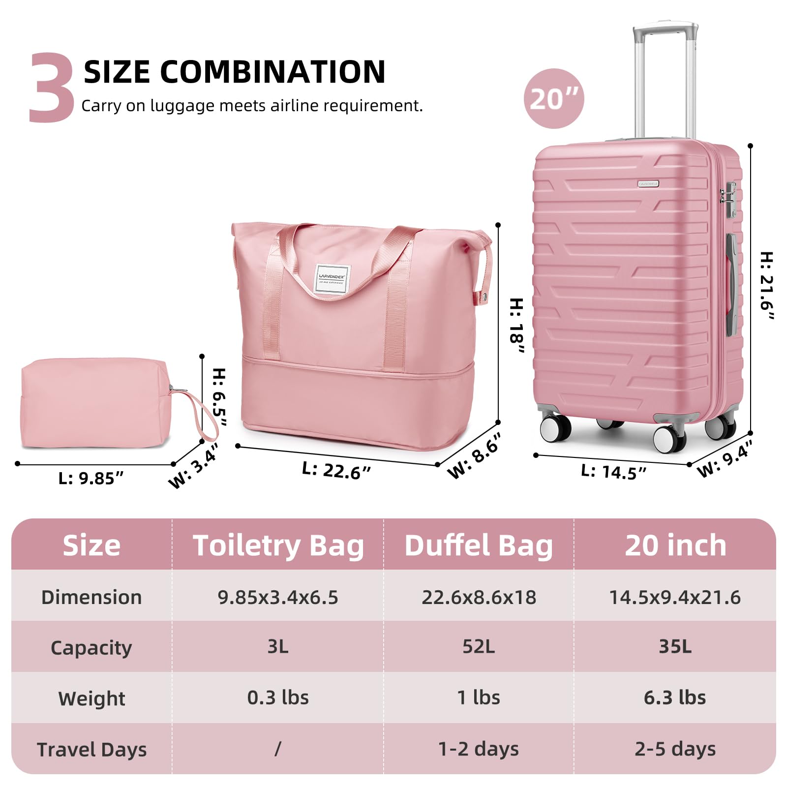 LARVENDER 3-Piece Hardside Luggage Set - 20 Inch Carry-On Airline Approved Suitcase with Spinner Wheels & TSA Lock - Lightweight Rolling Luggage for Men & Women (Pink) - Perfect for Business Trips, Vacations & International Travel