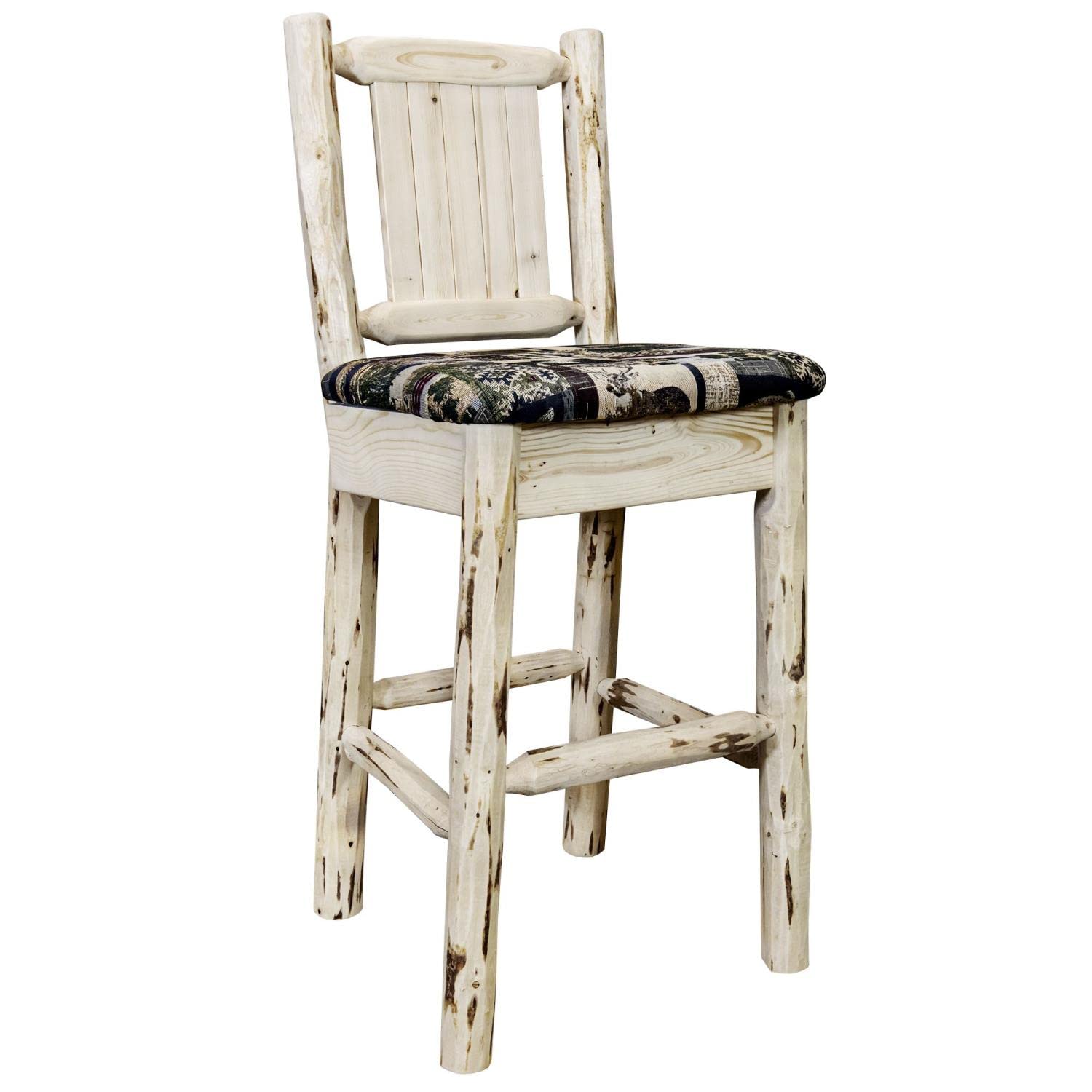 Montana Collection Barstool with Back - Woodland Upholstery, Laser Engraved Pine Tree Design, Clear Lacquer Finish - Perfect for Kitchen Islands, Home Bars & Rustic Cabin Decor