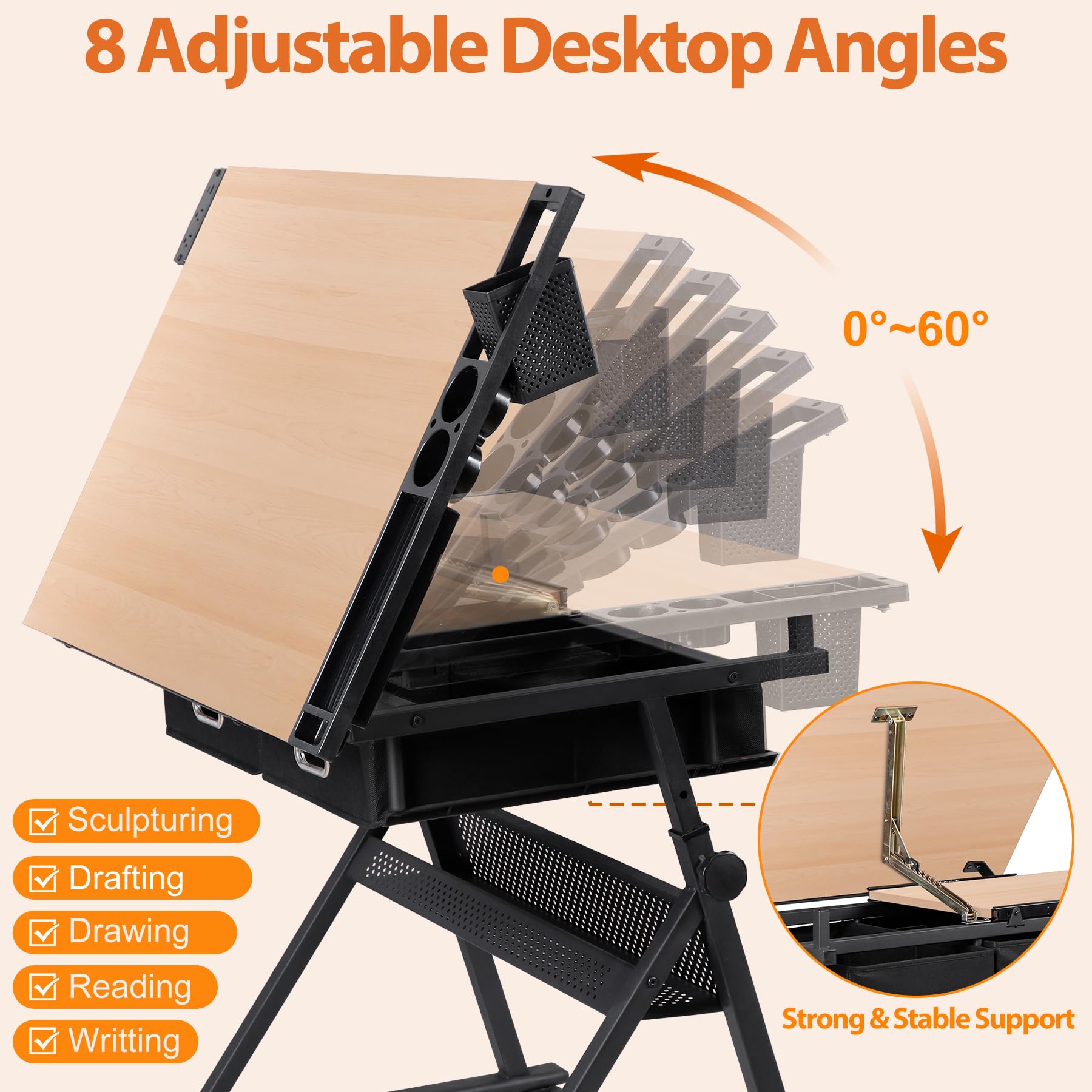 Adjustable Drafting Table Set with Power Outlet & Tilting Drawing Desk - Multifunctional Artist Workstation with Stool & 2 Storage Drawers for Home Office, School | Perfect for Sketching, Crafting & Architectural Design