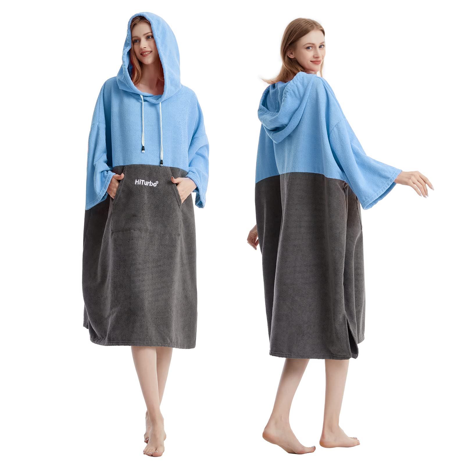 Hiturbo Quick Dry Changing Robe - 3/4 Sleeve Microfiber Hooded Towel Poncho for Surfing, Swimming & Beach - Absorbent After Swim Cover Up for Men & Women - Perfect for Surfers, Swimmers & Outdoor Activities