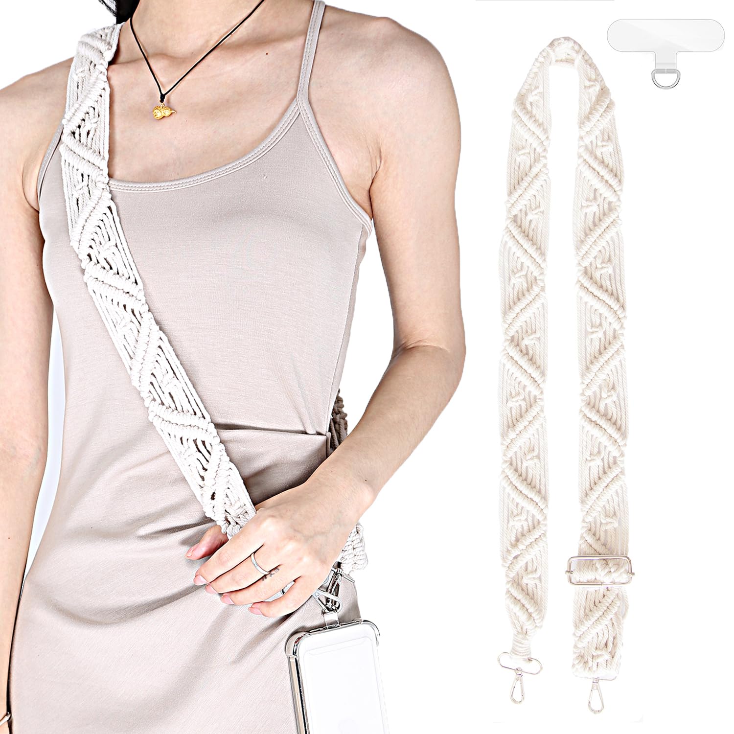 Boho Macrame Phone Lanyard for Women - Adjustable Crossbody Cell Phone Neck Strap Holder Compatible with iPhone Samsung & Most Smartphones - Perfect for Travel, Shopping & Hands-Free Convenience