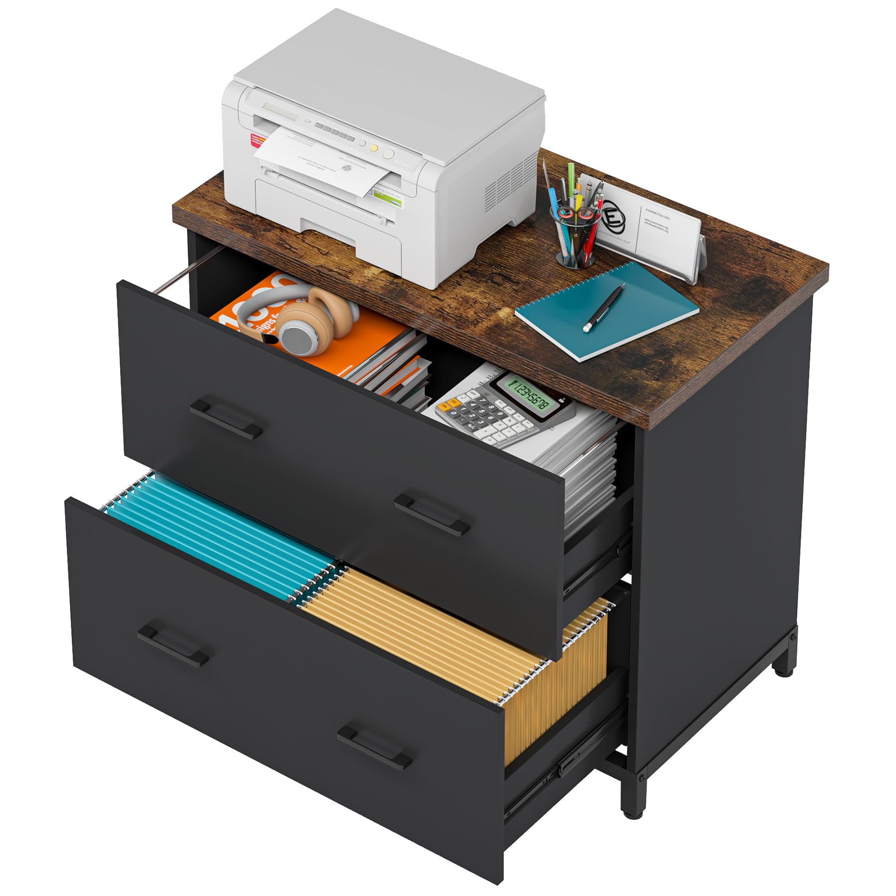 Tribesigns 2-Drawer Wood Lateral File Cabinet - Home Office Storage for A4 & Letter Size Documents - Brown & Black Filing Cabinet for Office Organization & Paper Storage