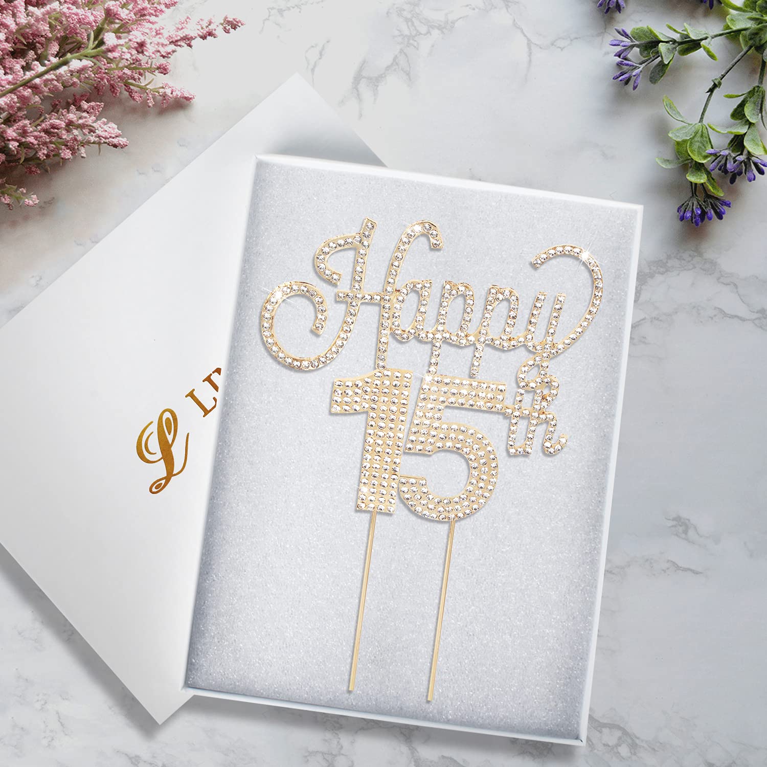 LINGTEER 15th Birthday Cake Topper - Gold Rhinestone Party Decorations for Sweet Sixteen, Anniversary & Milestone Celebrations - Perfect for Cake Centerpieces, Gift Signs & Special Occasions