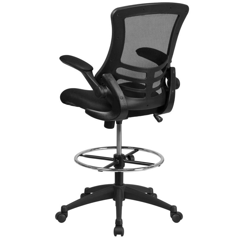 FLASH Kelista Mid Back Black Mesh Ergonomic Drafting Chair with Adjustable Foot Ring & Flip-Up Arms - Perfect for Architects, Artists & Office Workstations