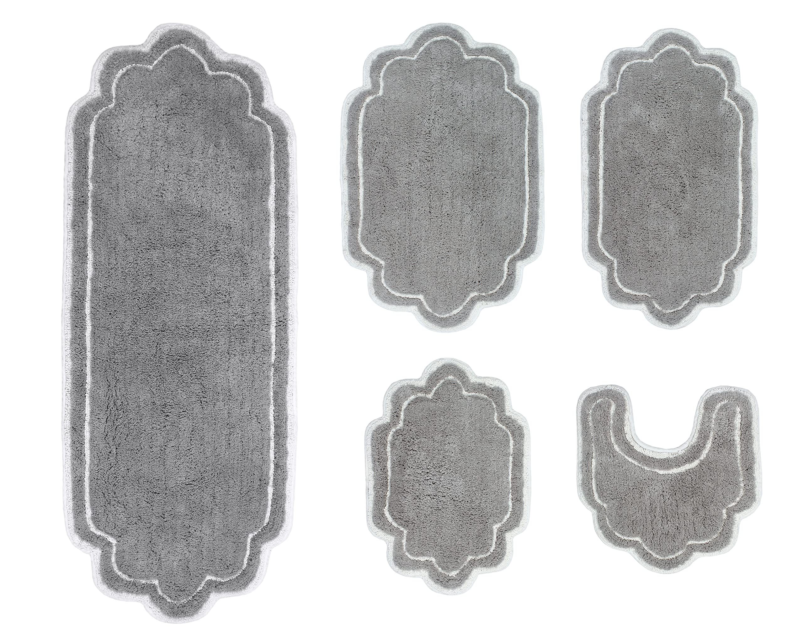 Premium 100% Cotton Tufted Bathroom Rug Set - Soft, Absorbent & Non-Slip Bath Mats for Bathroom Floor - Machine Washable 5-Piece Contour Set in Gray - Perfect for Master Bath, Guest Bath & Spa Retreats
