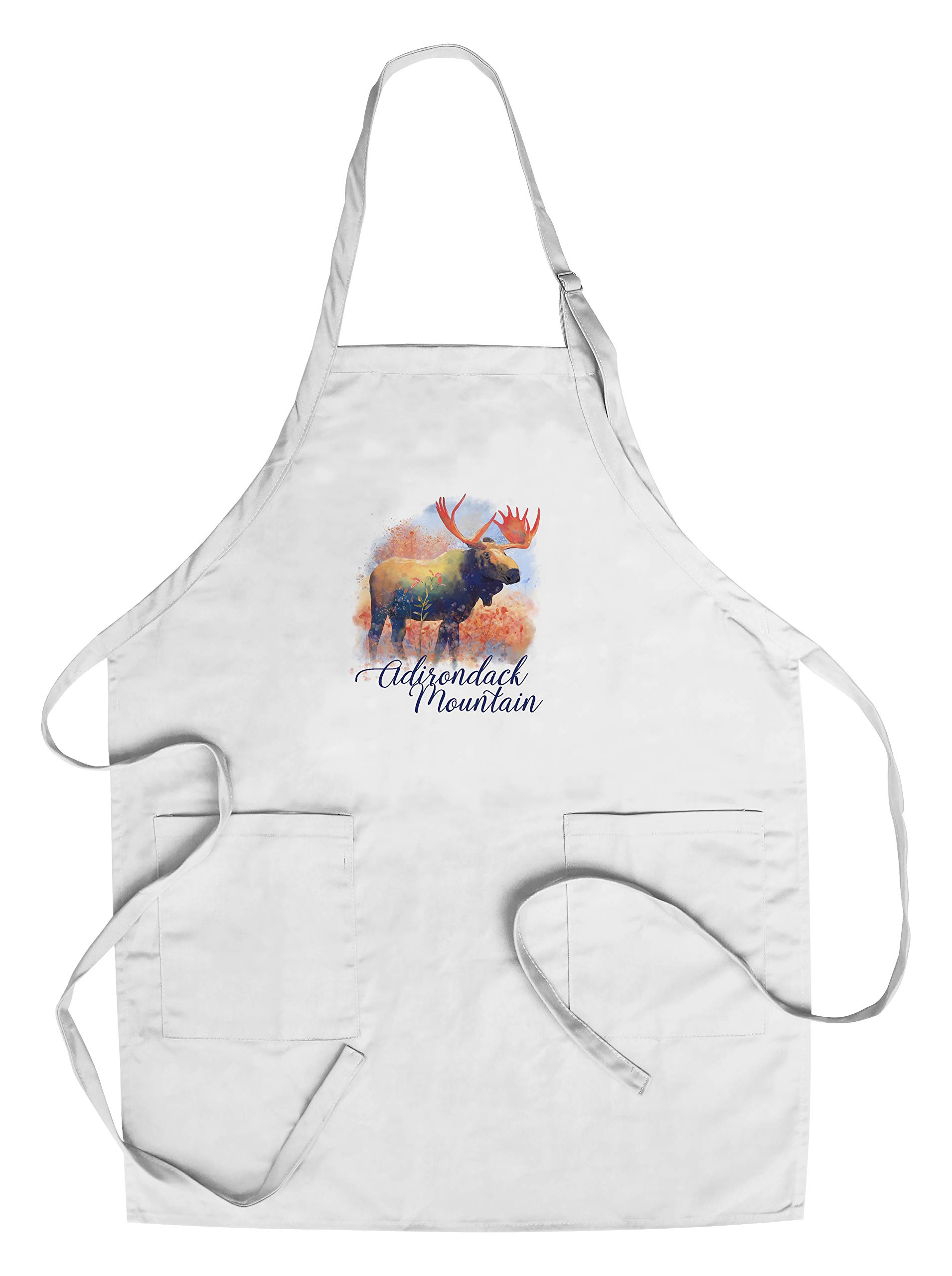 Adirondack Mountains Moose Watercolor Print Cotton Canvas Apron - Unisex Kitchen Cooking Baking Grilling Apron with Pockets - Perfect for Home Chefs, BBQ Enthusiasts & Art Lovers