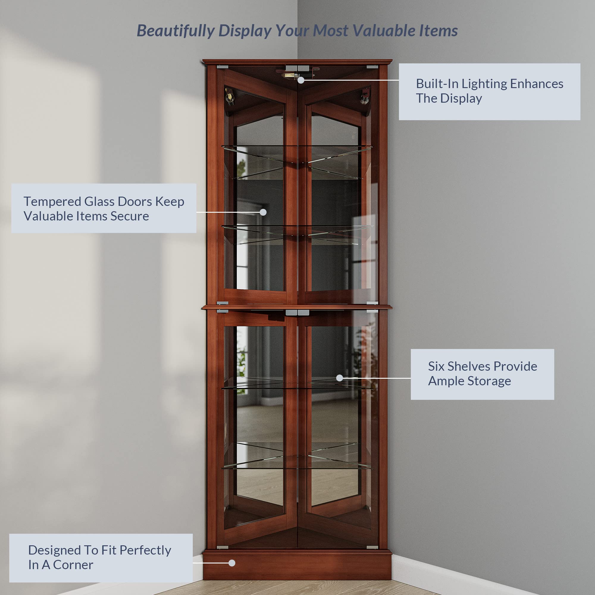 BELLEZE Wooden Corner Curio Cabinet with LED Lights & Tempered Glass Door - 6 Adjustable Shelves, Liquor Storage - Walnut Finish for Living Room, Dining Room & Home Bar Display